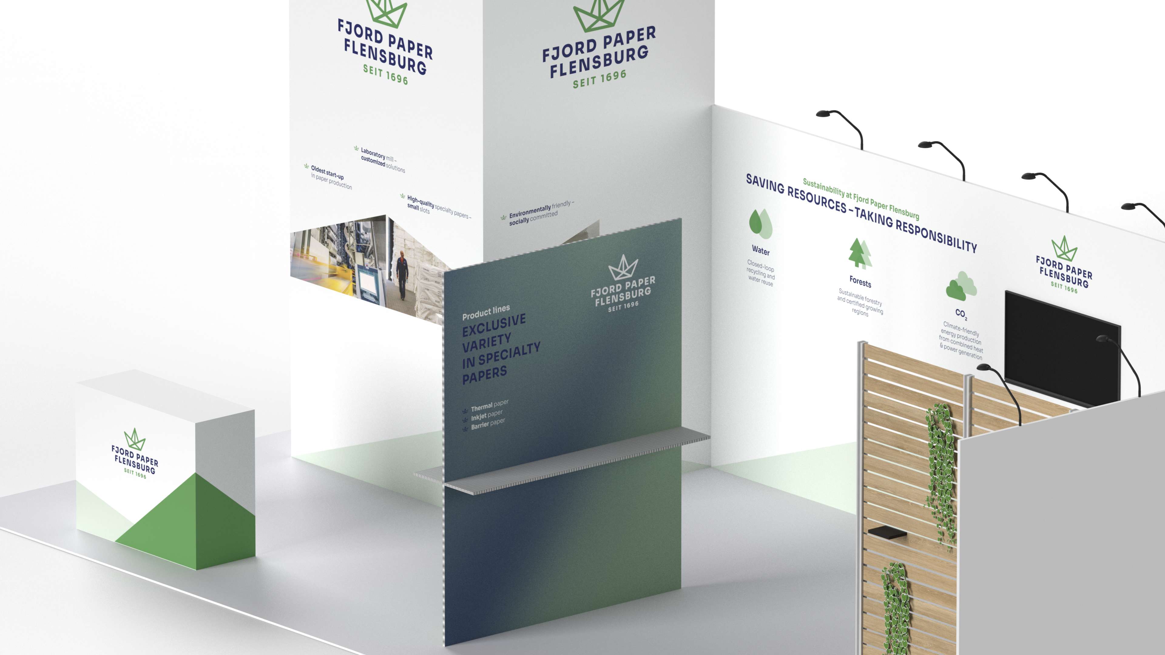 Ansicht des Messestandes von Fjord Paper Flensburg schräg von oben rechts