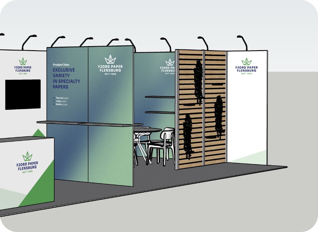 Visualisierung des Messestandes (mit Sitzbereich rechts)