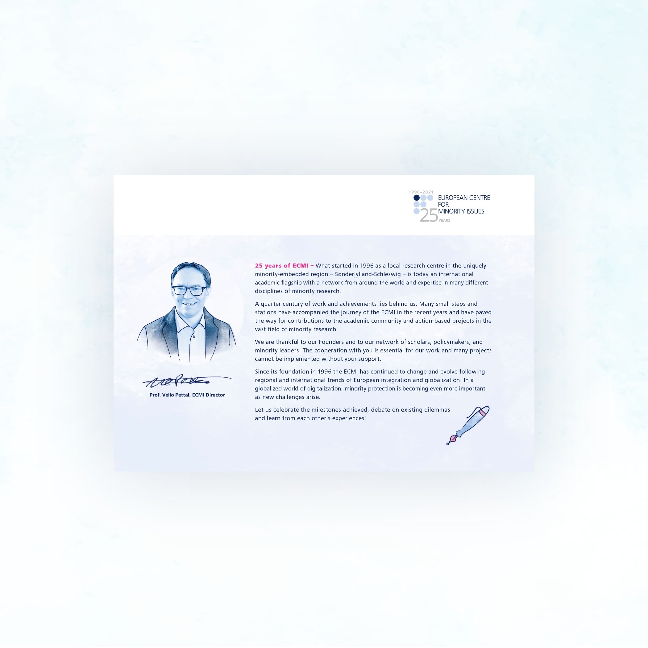 Ansicht der Website ecmi.de mit englischem Text und Grafik über den Direktor