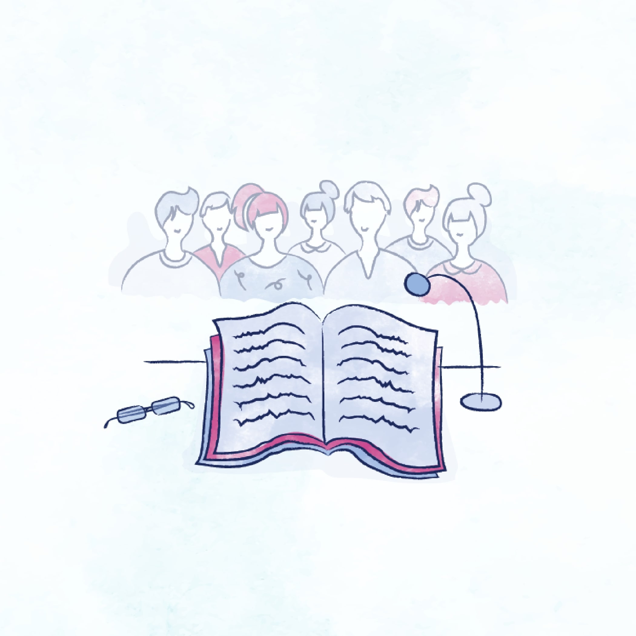 Illustration eines aufgeschlagenen Buches auf Rednerpult vor Publikum