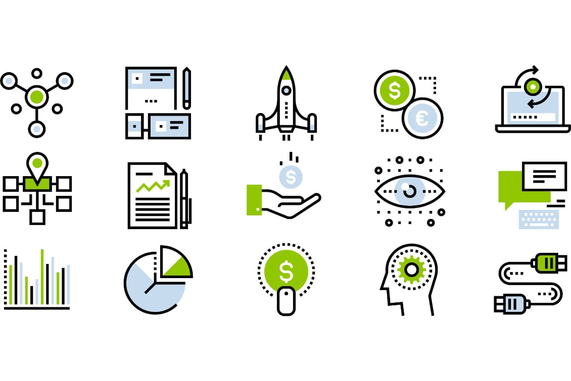 hochzwei_egeb_teaser_gross_01.jpg Schwarz-grün-hellblaue Icons: Rakete, Zeit, Geld, Briefpapier, Diagramme etc.