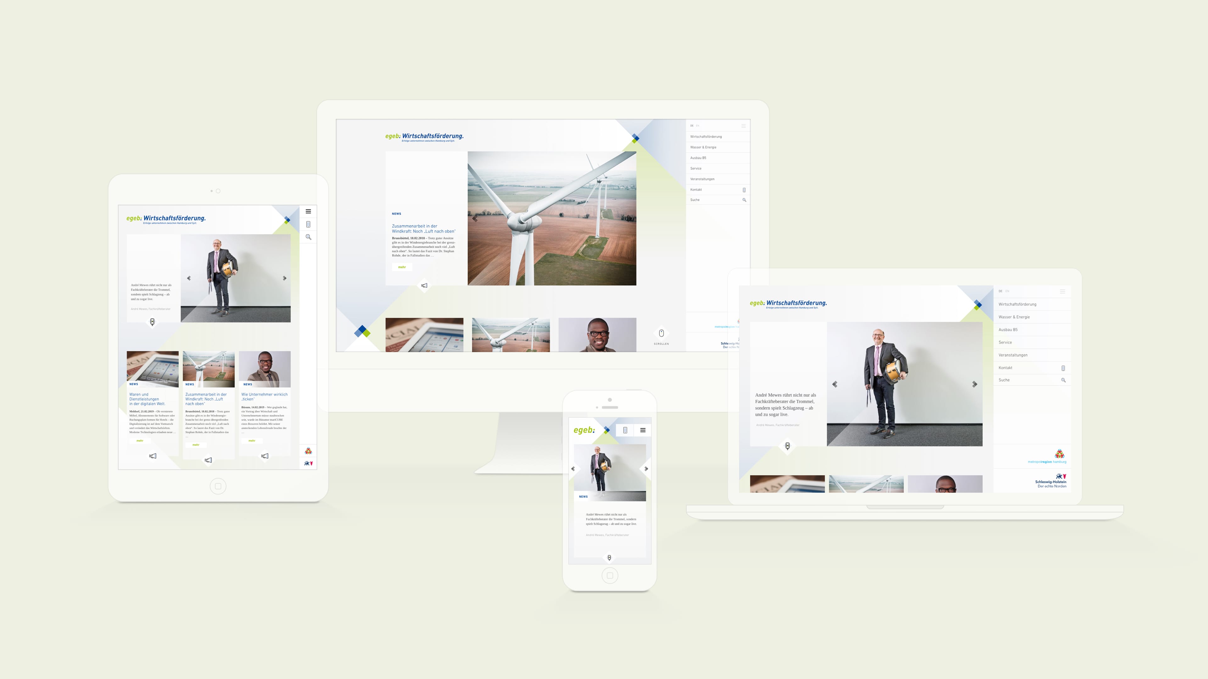 Collage von vier weißen Endgeräten mit der Website der egeb Wirtschaftsförderung