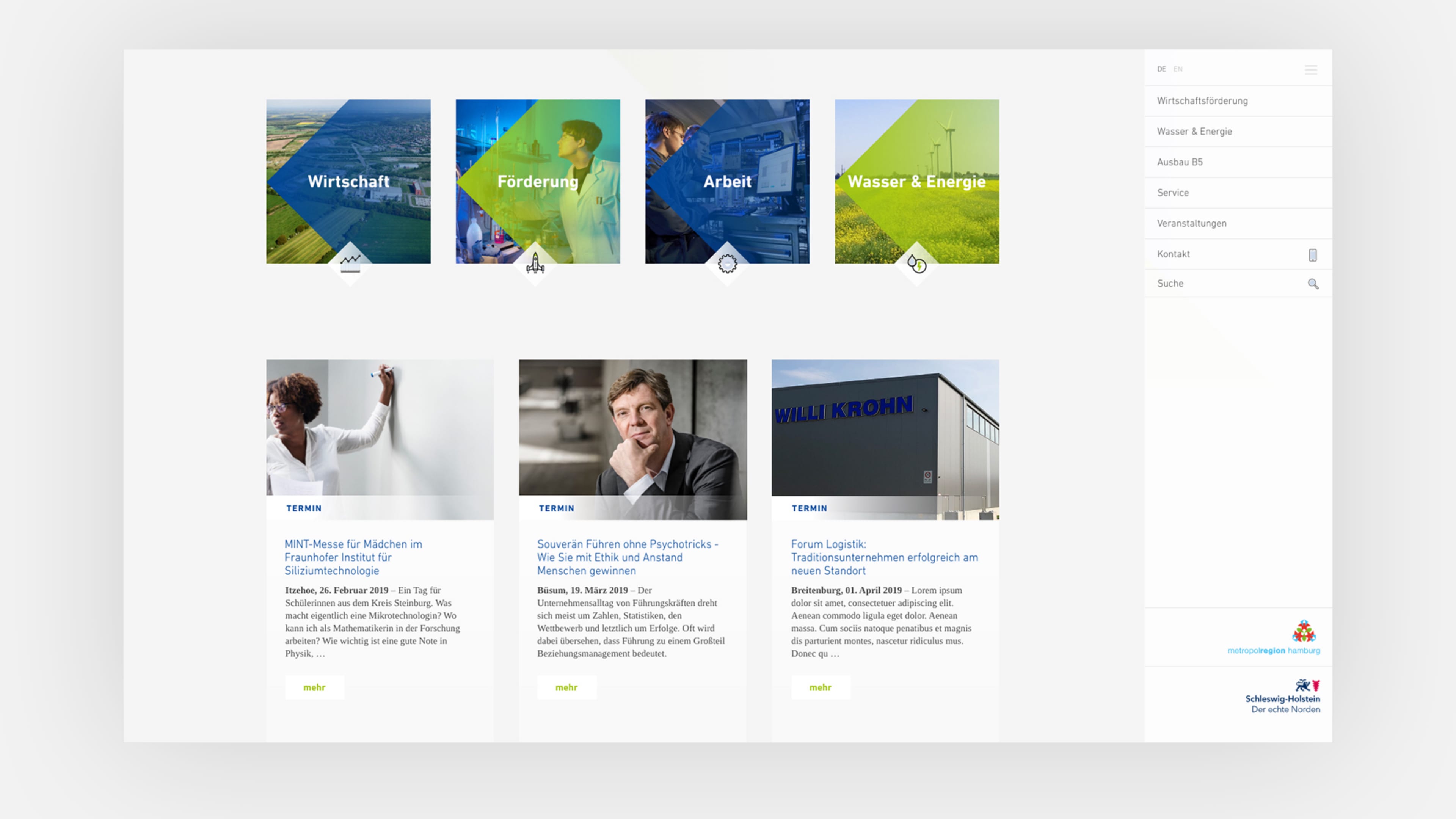 Layout des Website-Designs mit blau-grünen Kacheln und Terminteasern