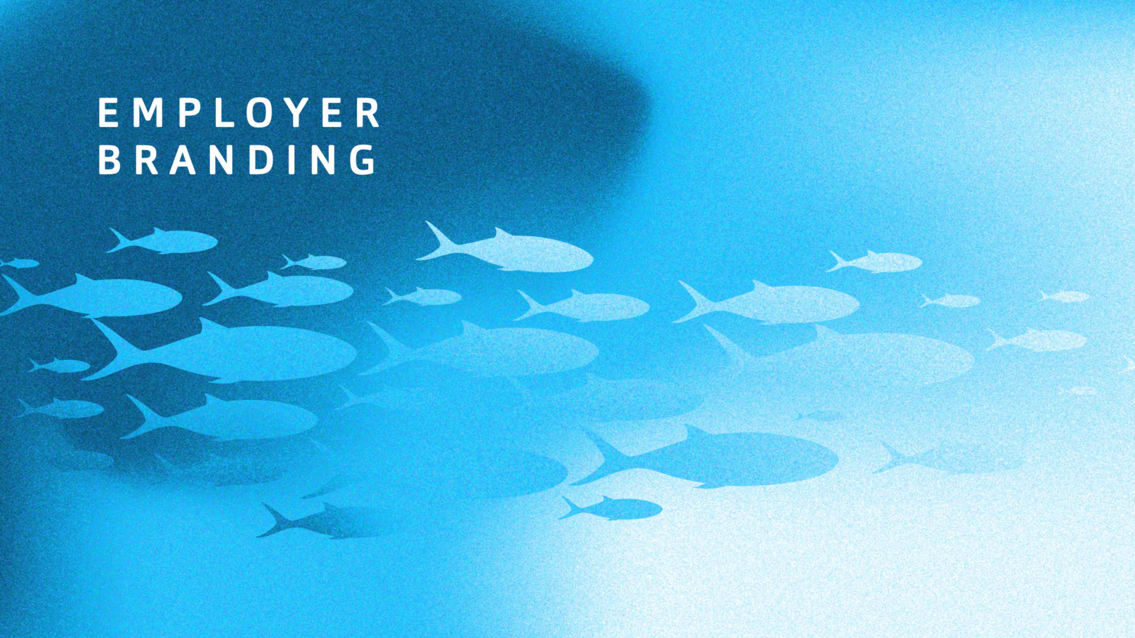 Blauer Fischschwarm auf blauem Hintergrund mit Schriftzug Employer Branding