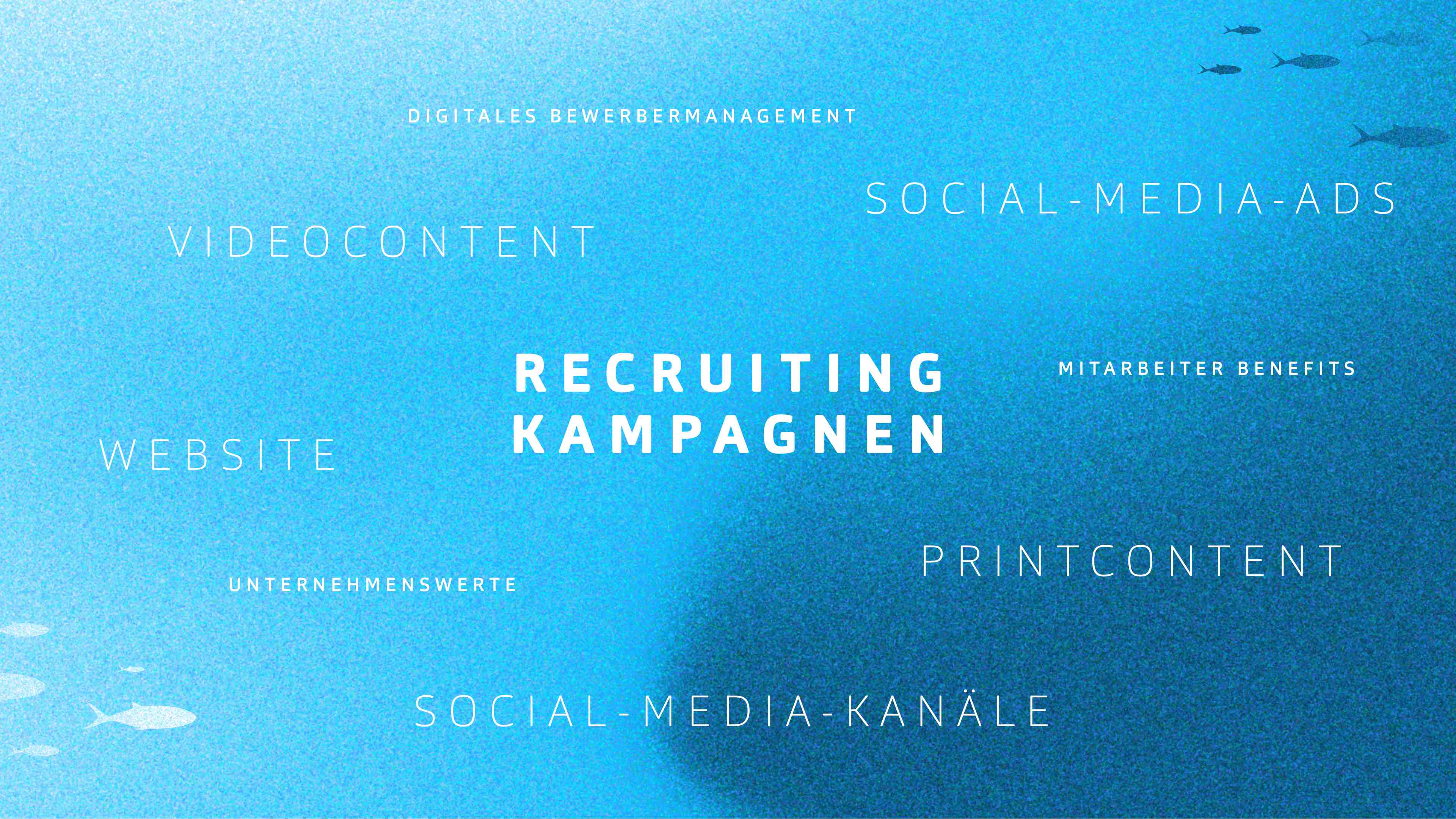 Blauer Hintergrund und weiße Schriftzüge: Recruiting Kampagnen, Vidoecontent, Social-Media-Ads, Print-Content 