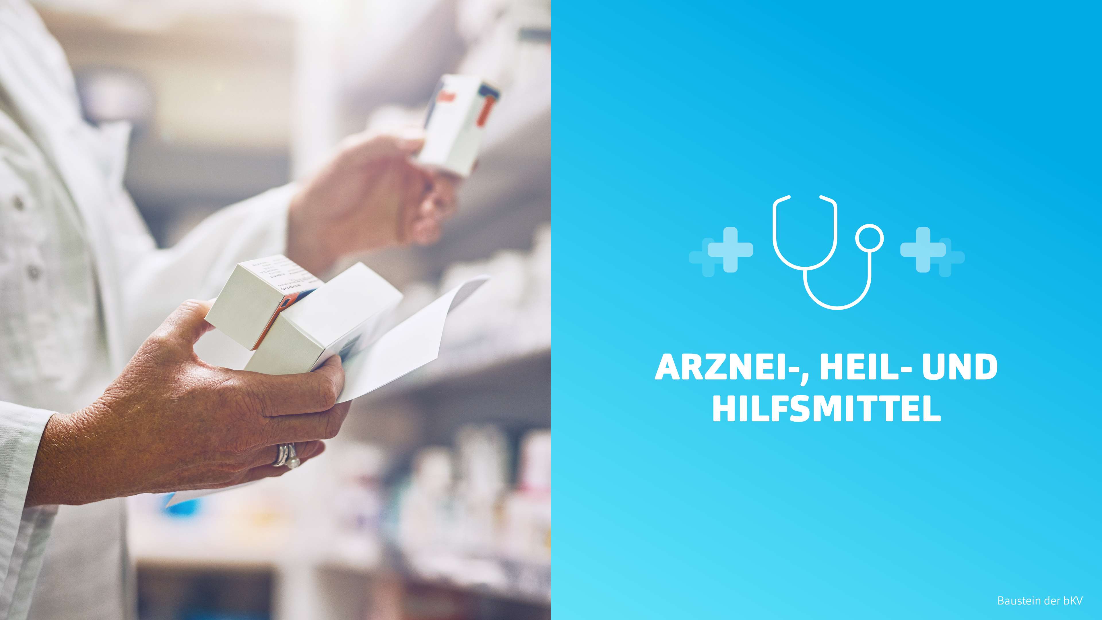 h2_Arbeitgeber_slider_02.jpg Zweigeteilte Grafik. Auf der linken Seite eine Person in weißem Kittel, die Medikamentenverpackungen in den Händen hält, auf der rechten Seite hellblau hinterlegt "Arznei-, Heil- und Hilfsmittel"