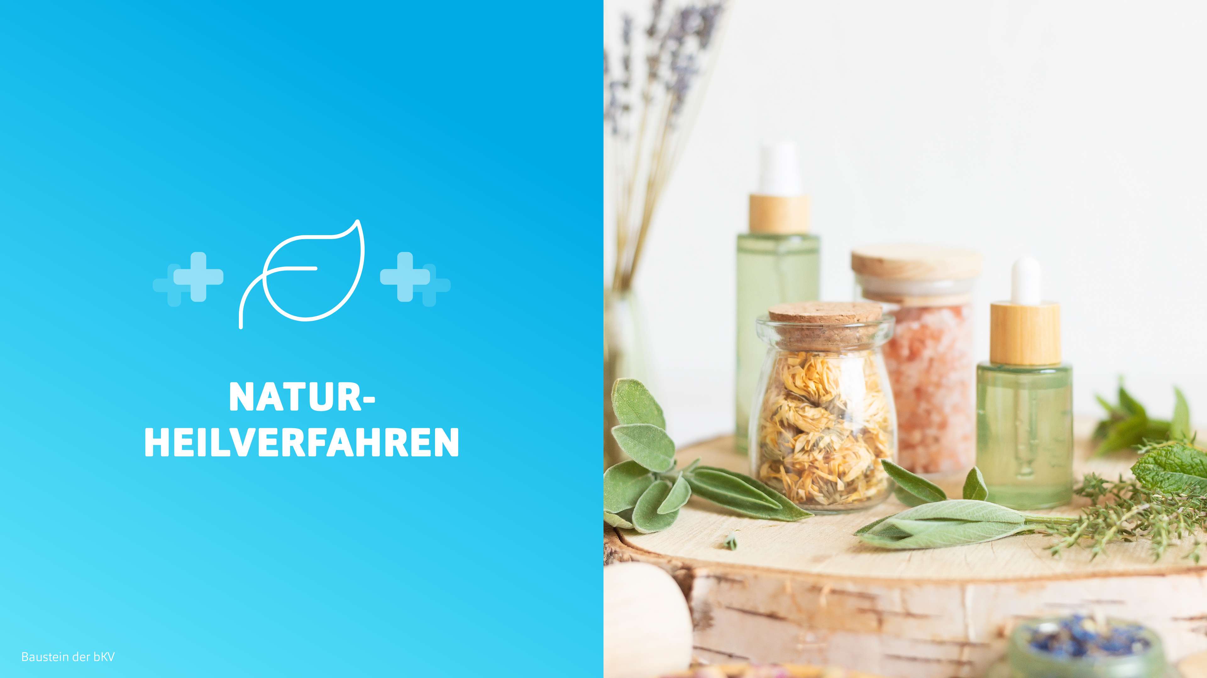 h2_Arbeitgeber_slider_03.jpg Zweigeteilte Grafik. Auf der linken Seite hellblau hinterlegt "Naturheilverfahren", auf der rechten Seite ein Foto von Gläsern und Flaschen mit Kräutern und Öl.