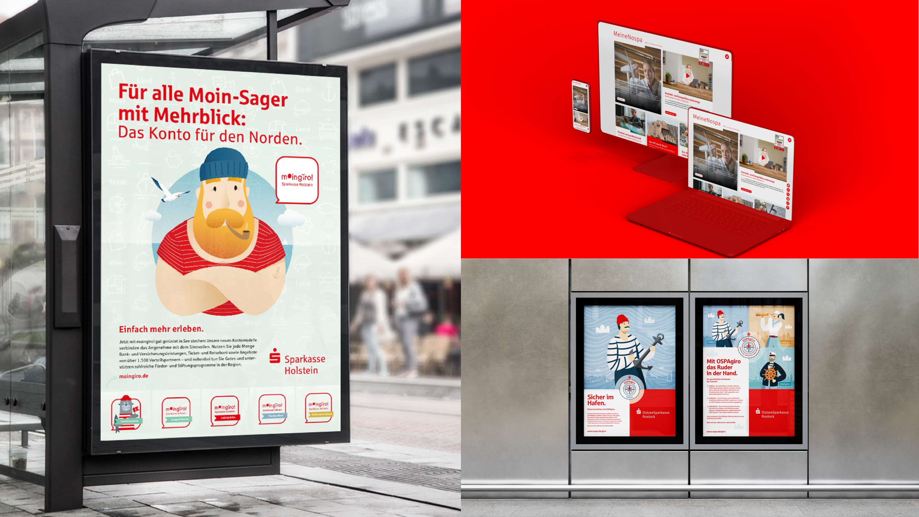 Collage mit verschiedenen Werbeträgern mit Sparkassenwerbung. Eine LED-Anzeige, Ansichten der Website auf Smartphone, Desktop-PC und Laptop und zwei Plakate.
