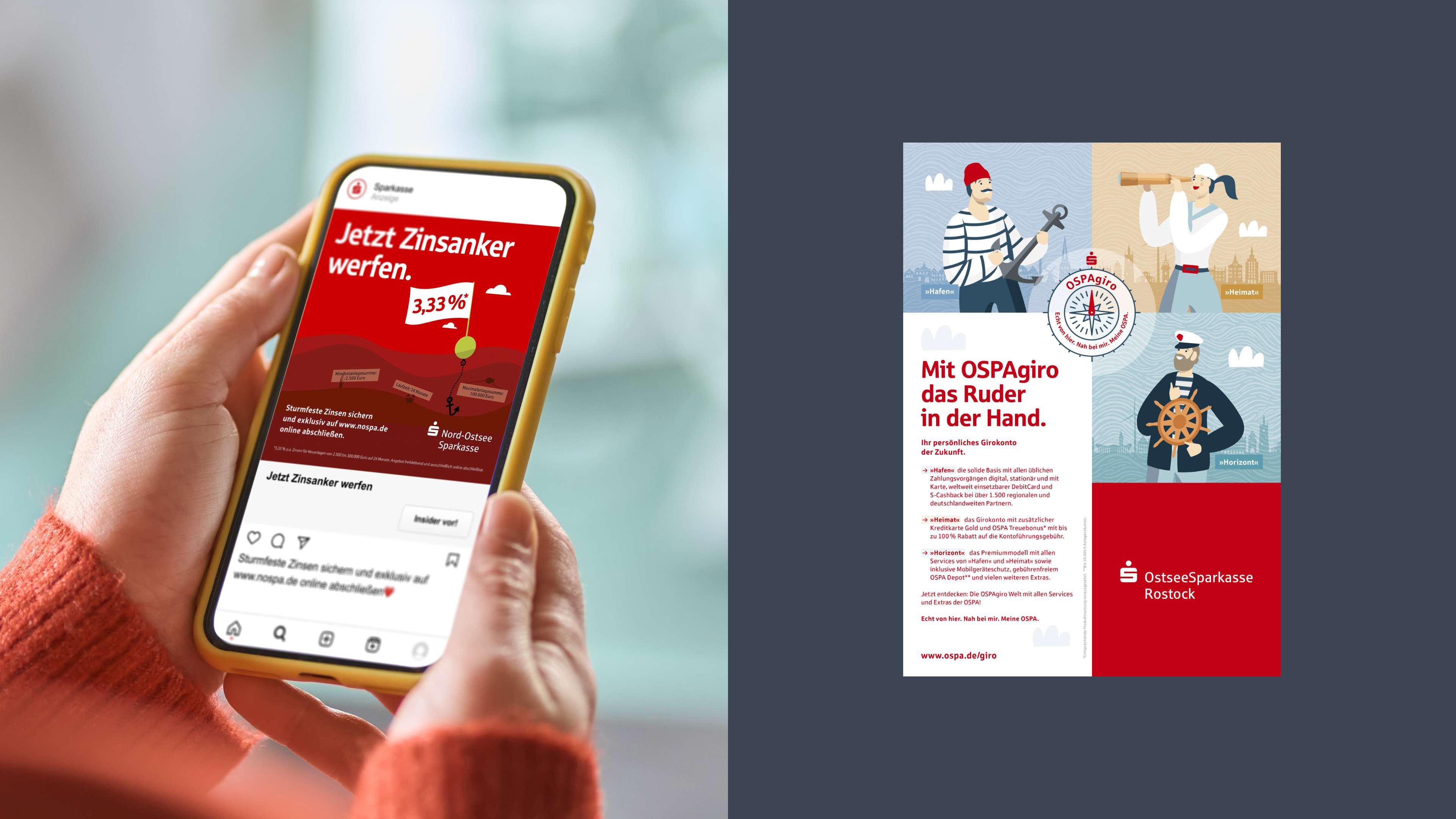 Ansicht der Sparkassen-App und ein Flyer der Ostsee Sparkasse Rostock.