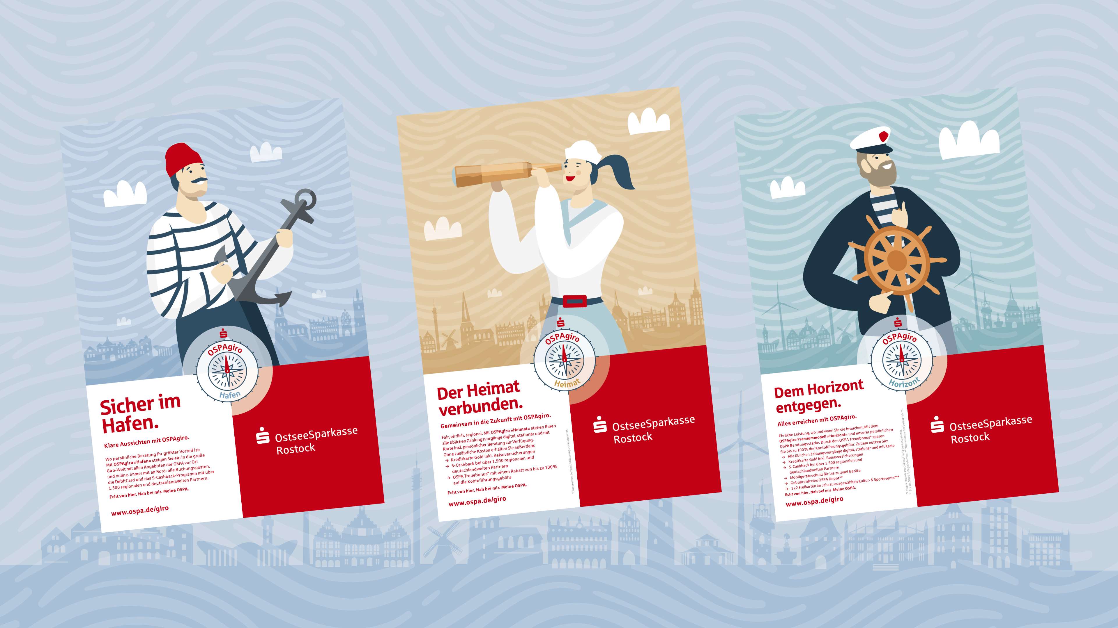 Drei Flyer der Ostsee Sparkasse Rostock.