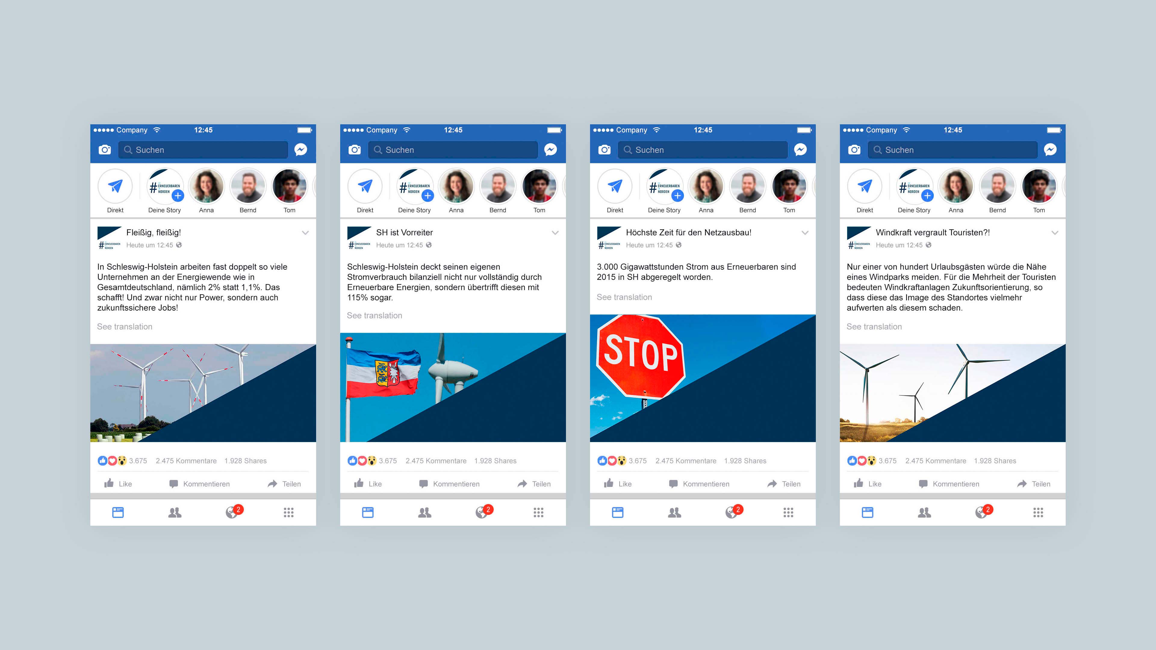 Vier Screenshots von Facebook-Beiträgen des Vereins zur Förderung der Energiewende