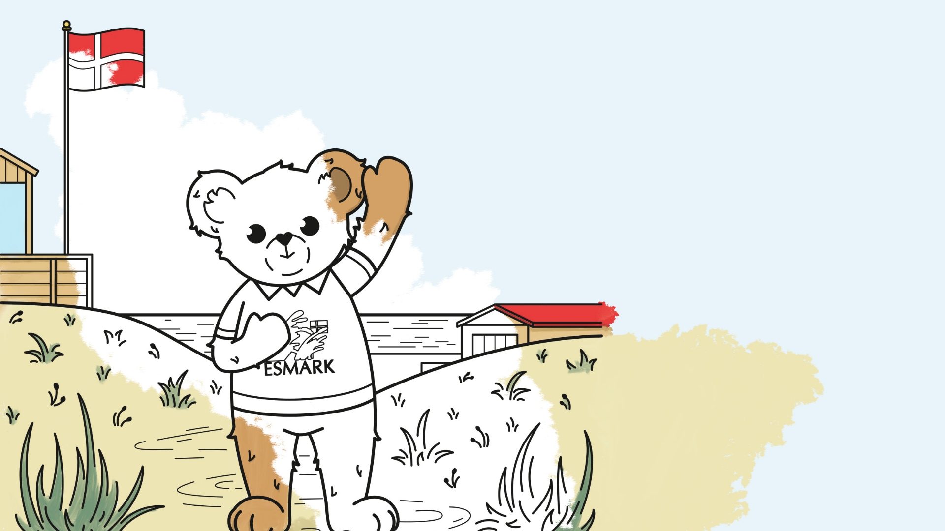 Der Esmark-Bär zur Hälfte ausgemalt.