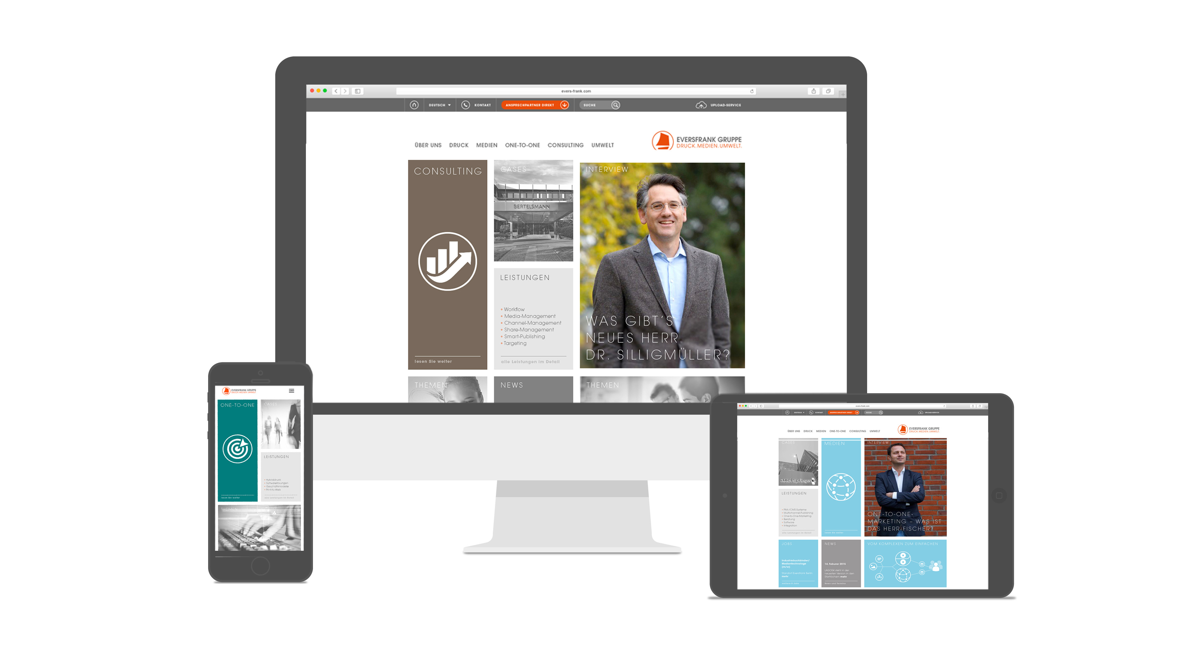 iMac, iPhone und iPad zeigen Website der Eversfrank Gruppe