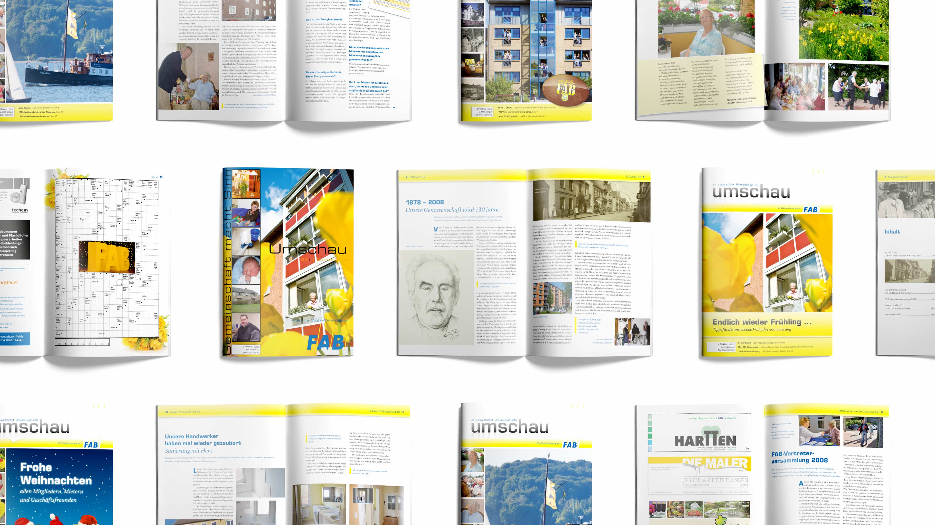 Collage mehrerer Doppel- und Titelseiten der FAB-Umschau