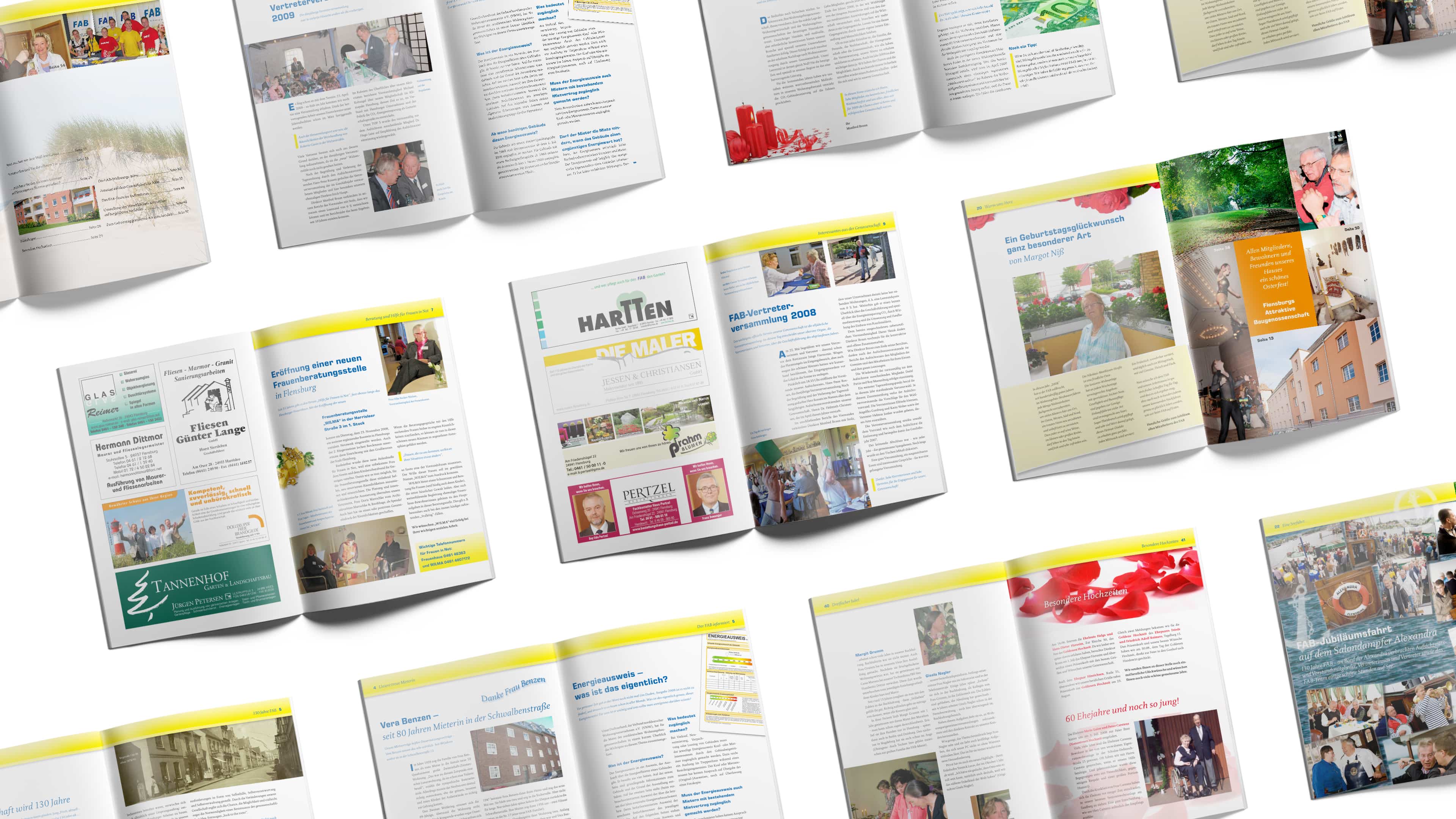 hochzwei_fab_slider_01.jpg Collage mehrerer Doppelseiten der FAB-Umschau mit Bildern und Anzeigen