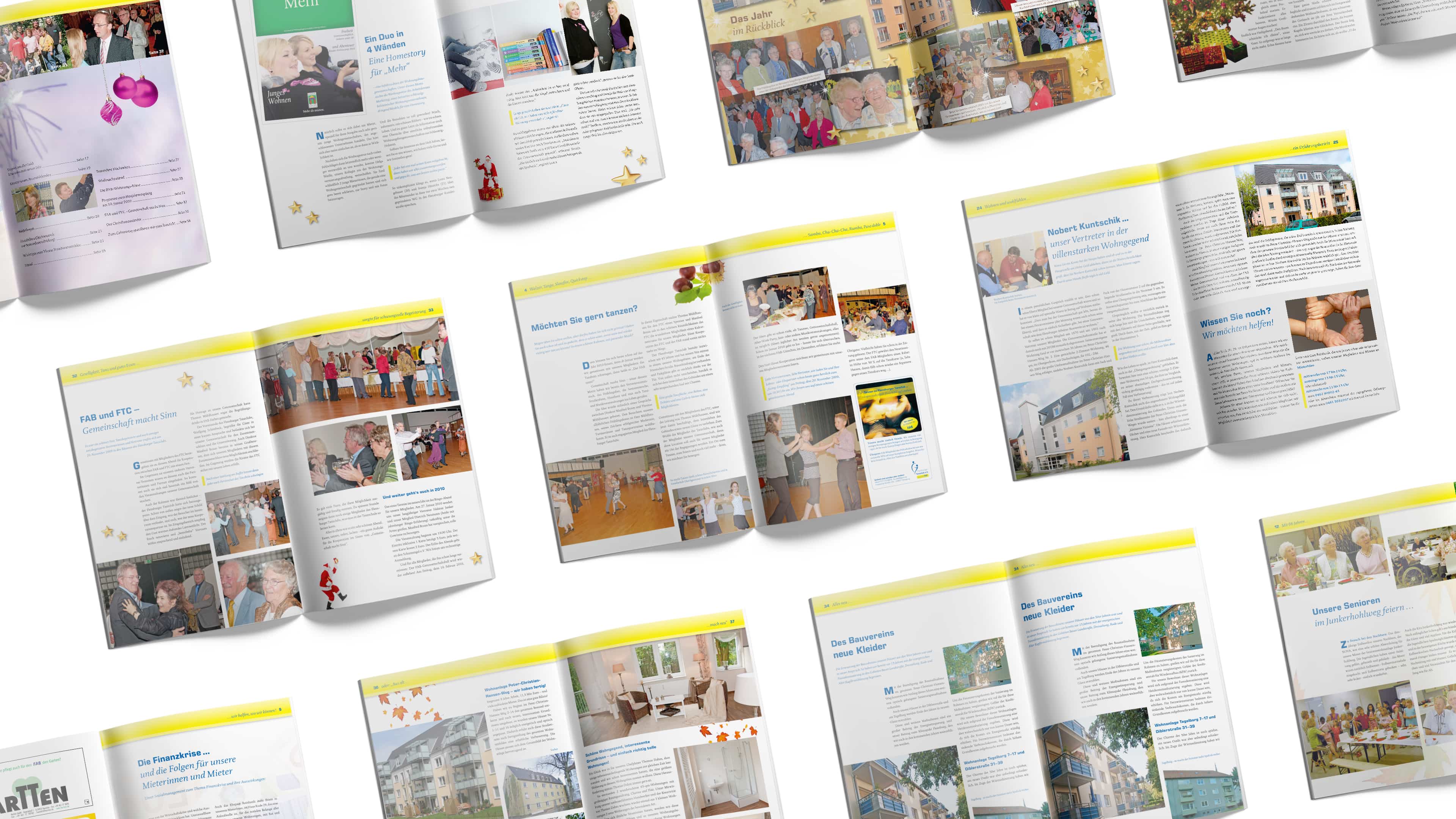 hochzwei_fab_slider_03.jpg Collage mehrerer Doppelseiten der FAB-Umschau mit Bildern und blauen Überschriften