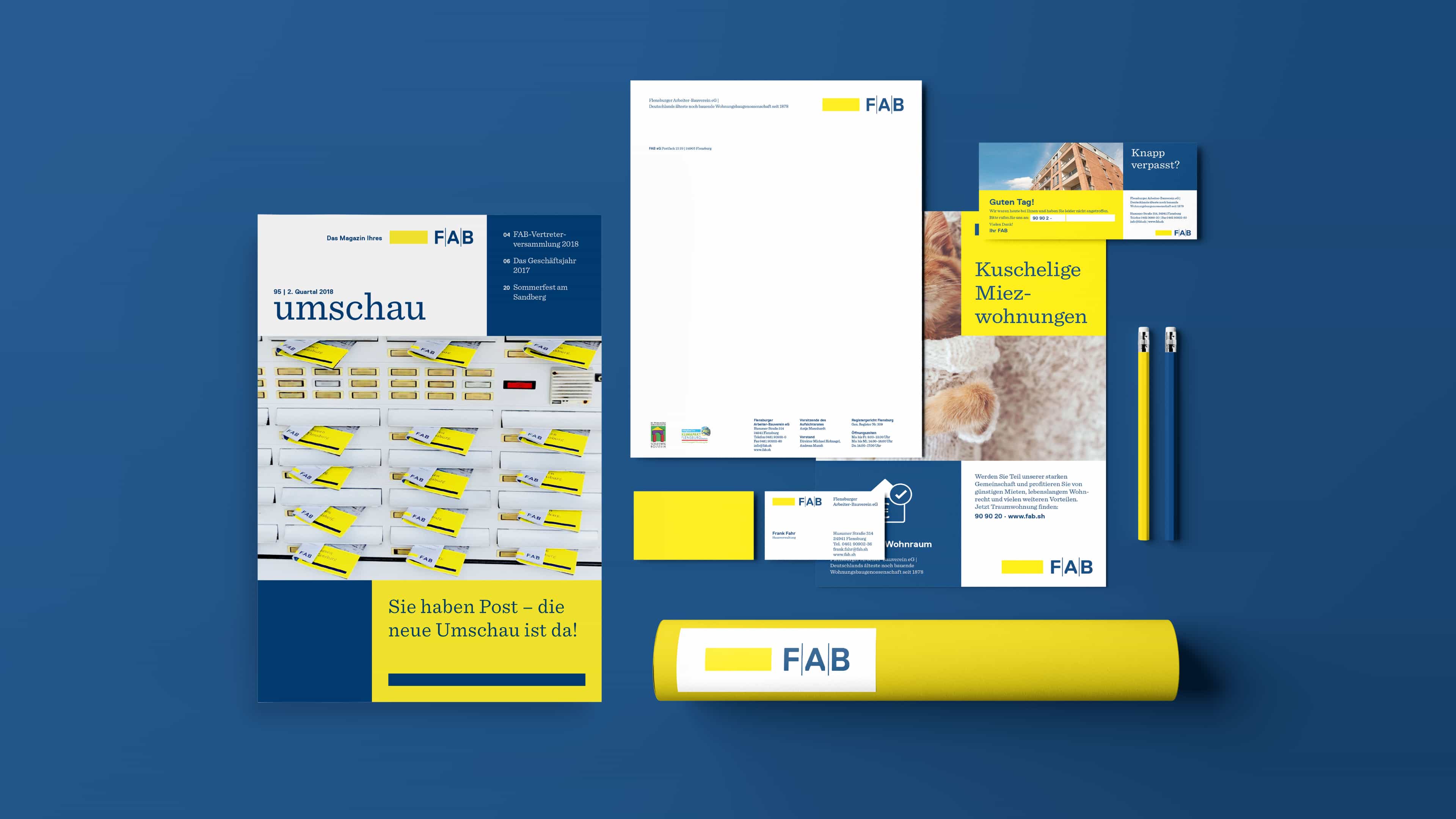 Collage der Werbemittel, Geschäftspapier und Anzeigen für FAB