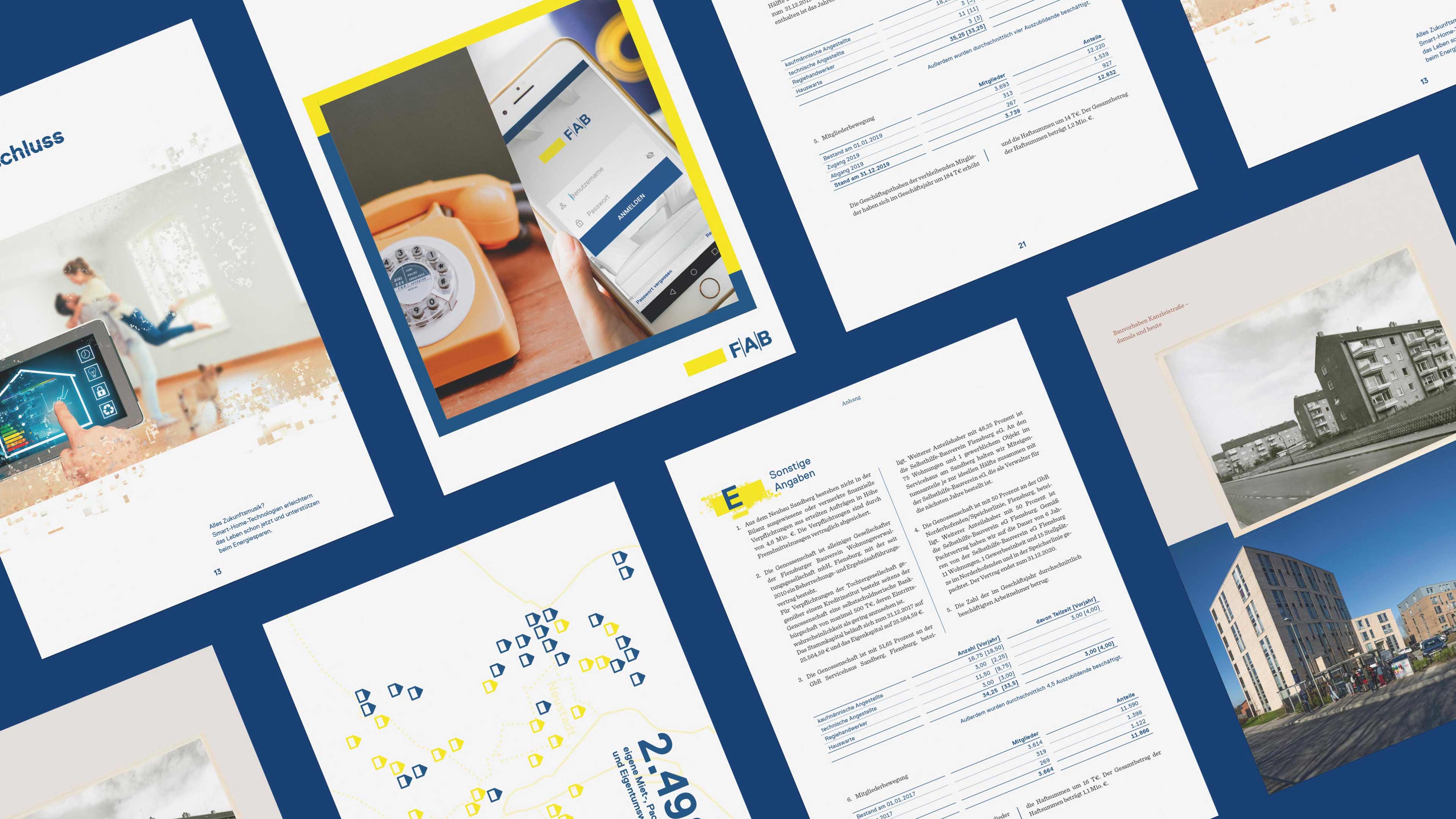 Collage der Seiten des Geschäftsberichts des FAB