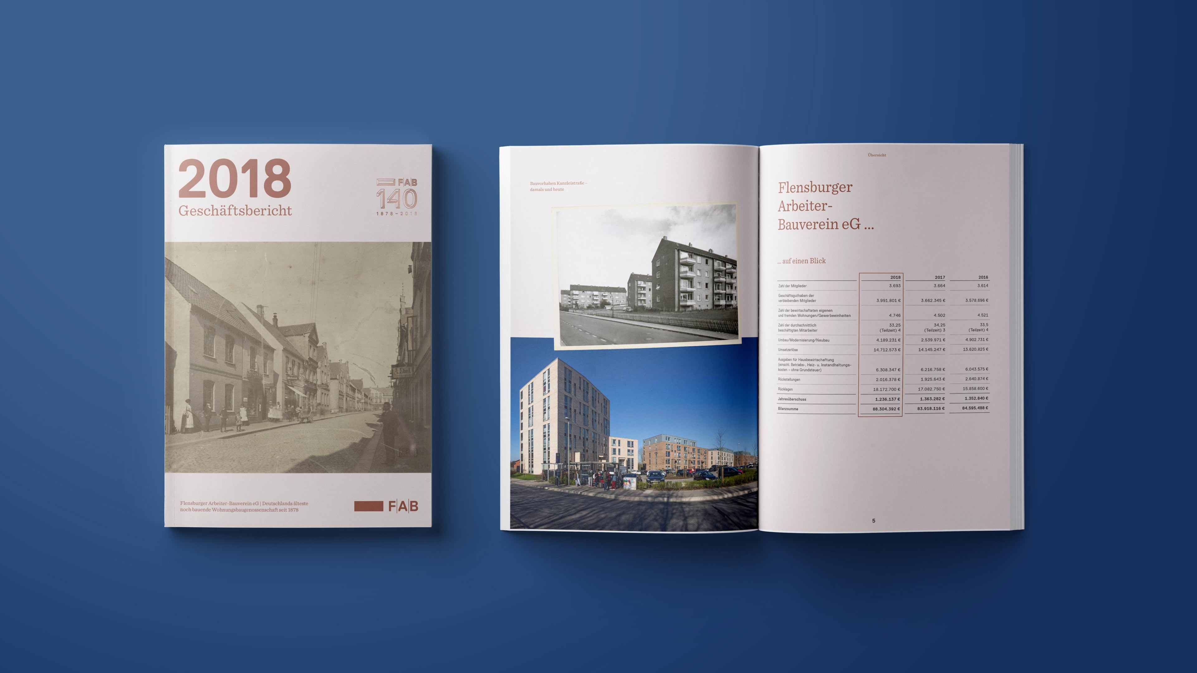 Geschäftsbericht 2018: Titelblatt und Doppelseite mit Fakten zum FAB