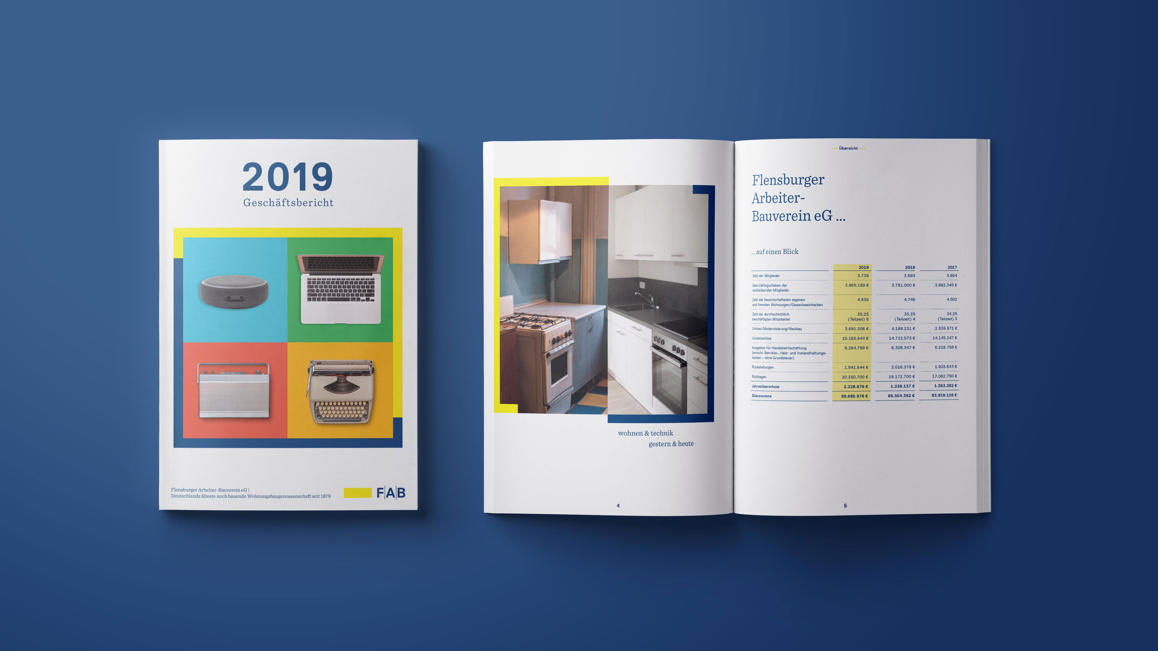 Geschäftsbericht 2019: Titelblatt und Doppelseite mit Fakten zum FAB