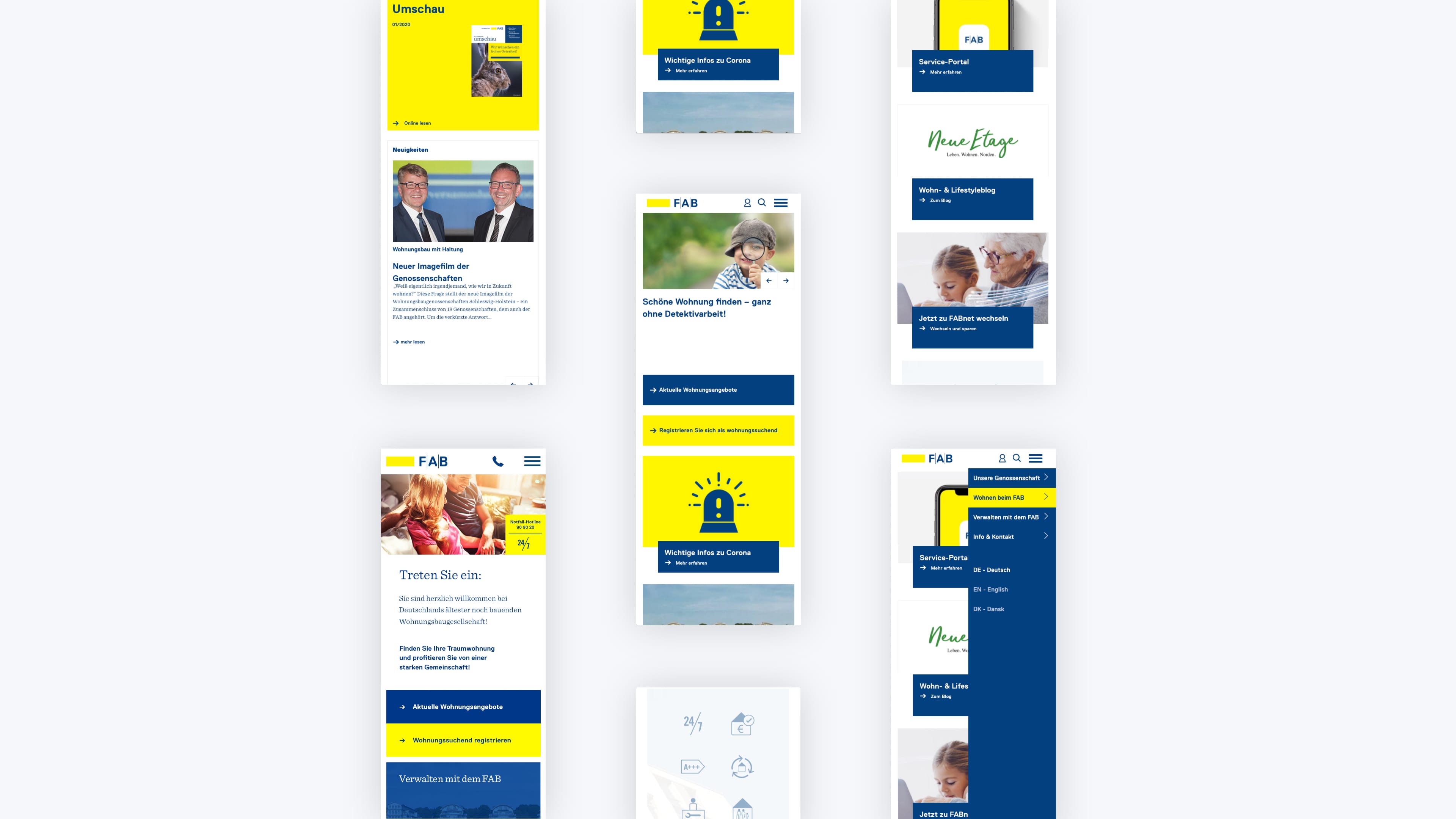 Collage mit mehreren Ansichten der mobilen Website des FAB
