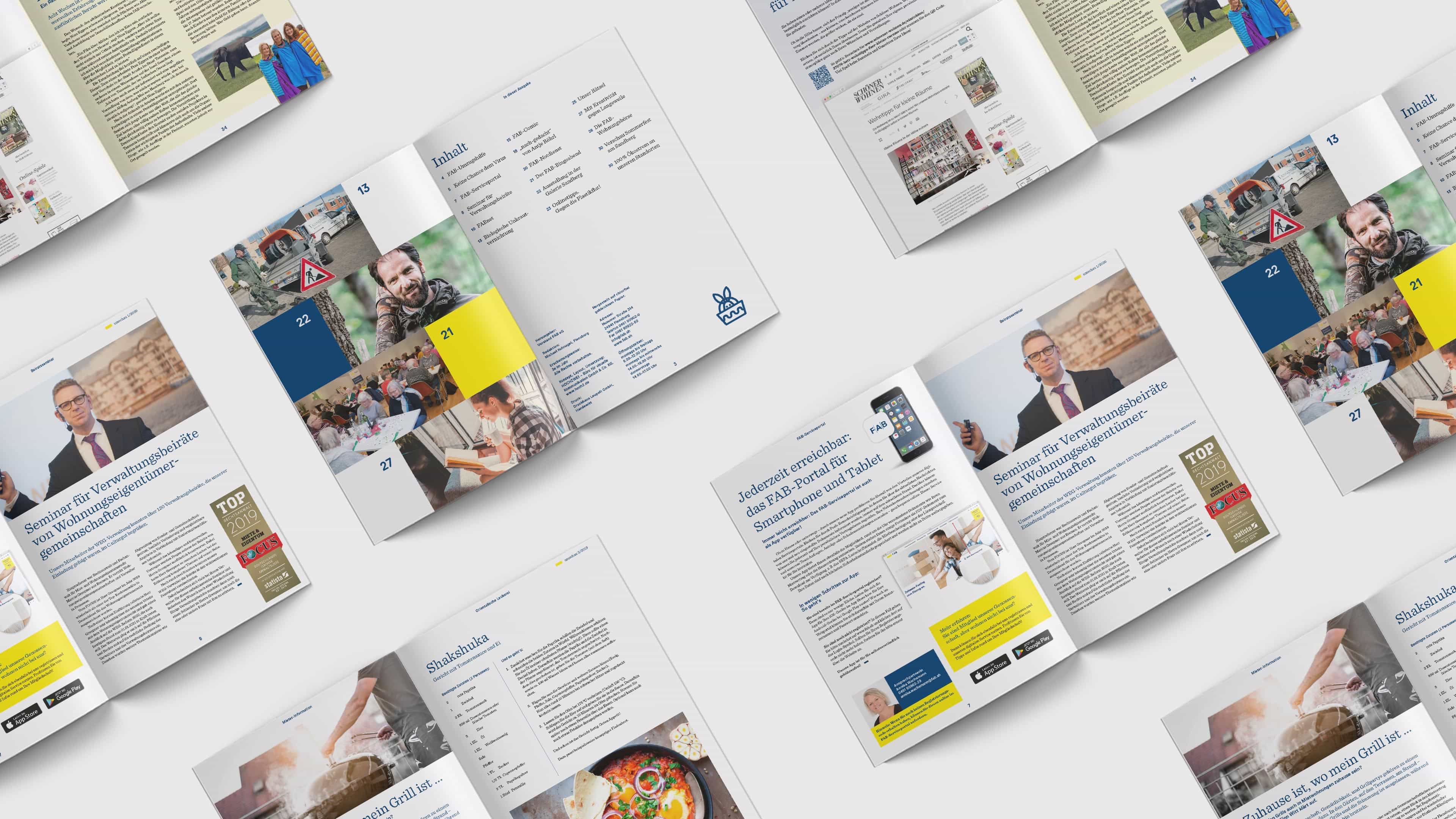 Collage mehrerer Doppelseiten des FAB-Magazins