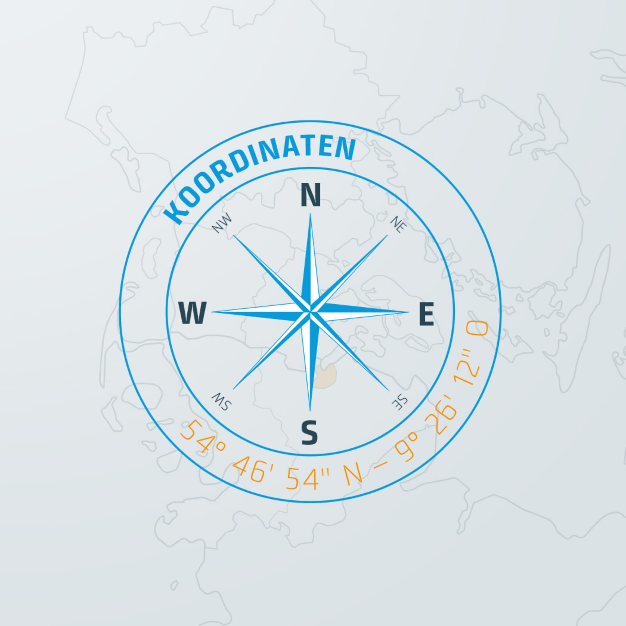 hochzwei_fhfl_teaser_03.jpg Blaue Kompassrose mit Koordinaten für Flensburg vor Landkarte