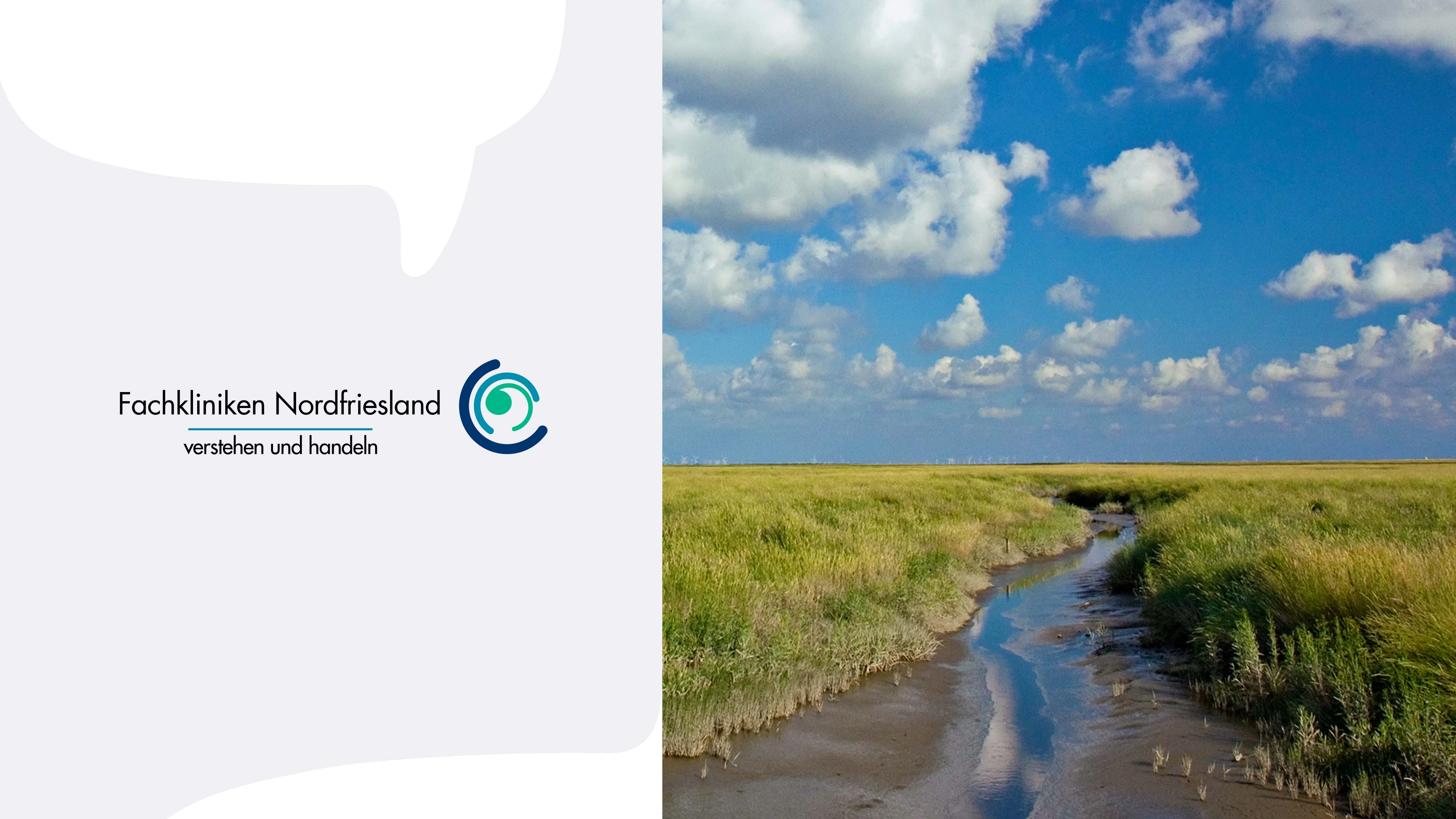 Zweigeteiltes Bild: links Logo und Schriftzug "Fachkliniken Nordfriesland", rechts Priel und Salzwiesen
