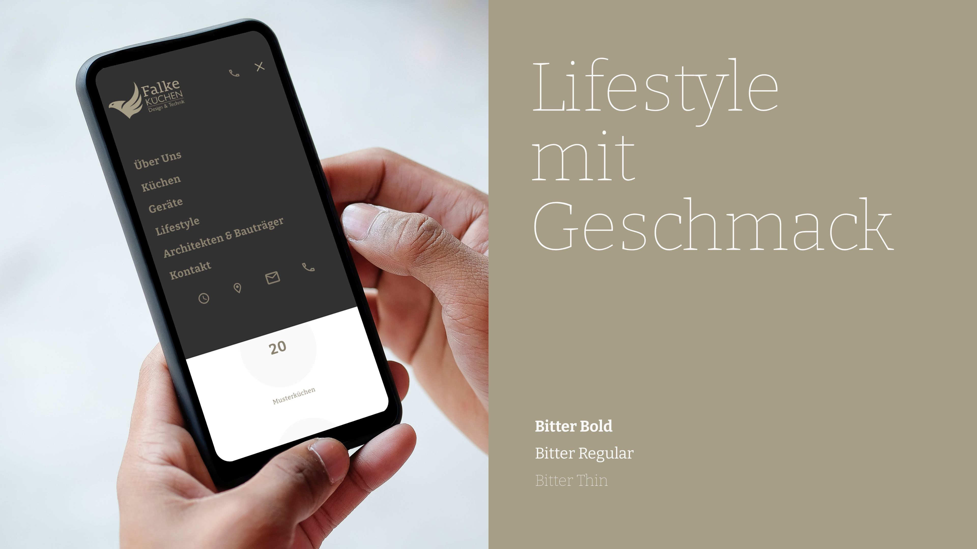 hochzwei_falkekuechen_slider_02.jpg Eine Hand hält ein Handy mit der Falke Küchen Website