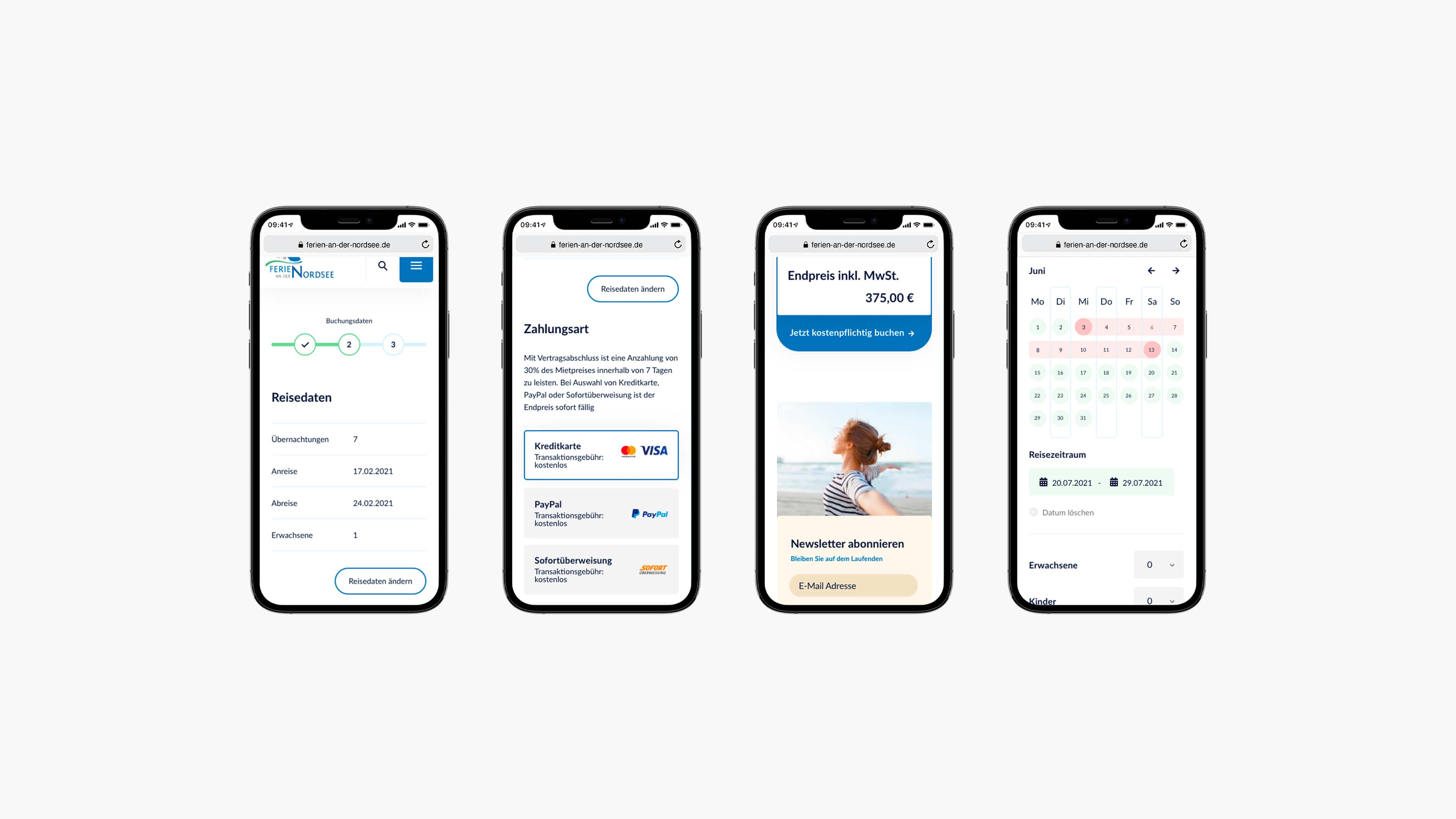 hochzwei_feano_slider_01.jpg Vier Tablets zeigen Buchungsstrecke von Ferien an der Nordsee
