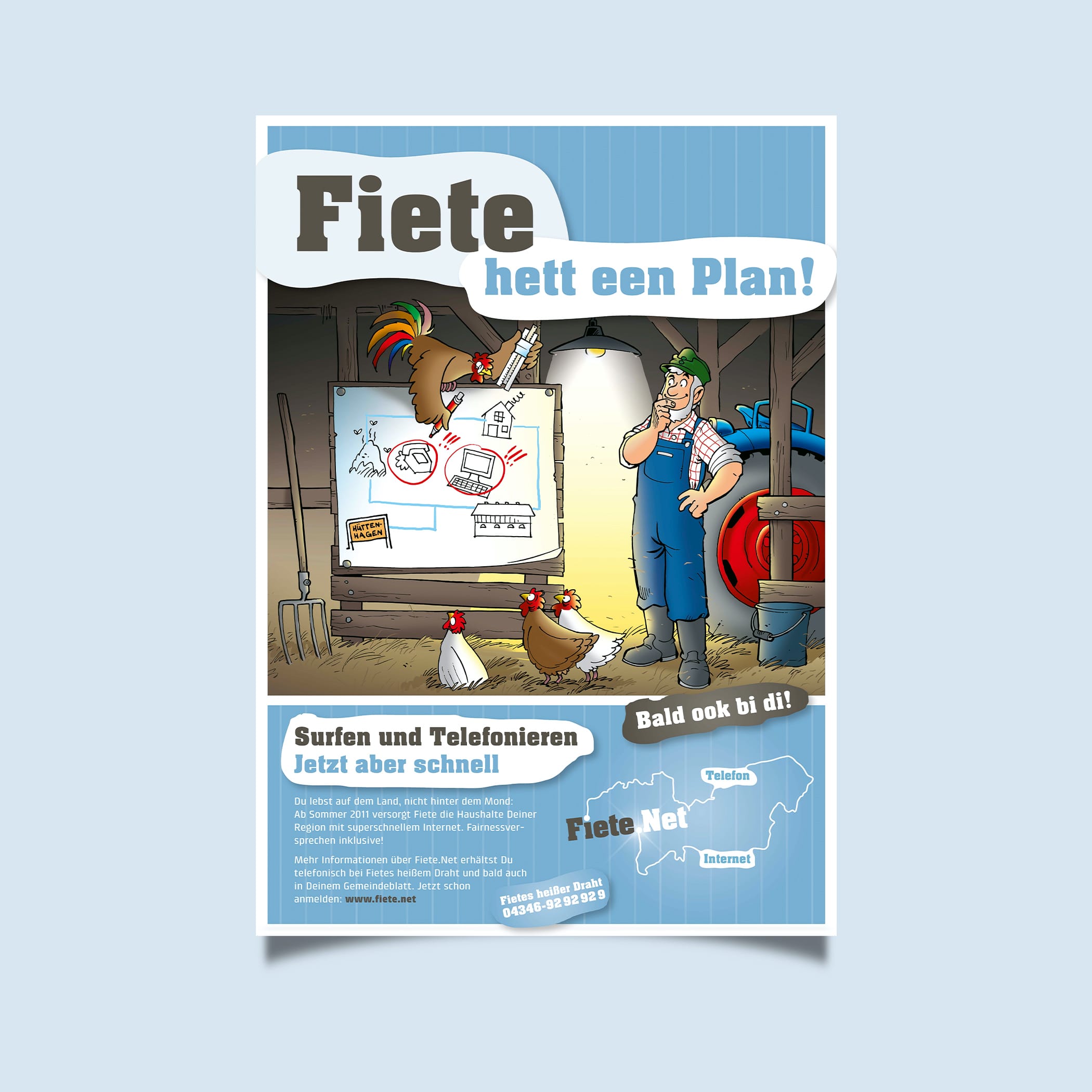 Plakat mit Comic für besseren Internet auf dem Land mit fiete.net.