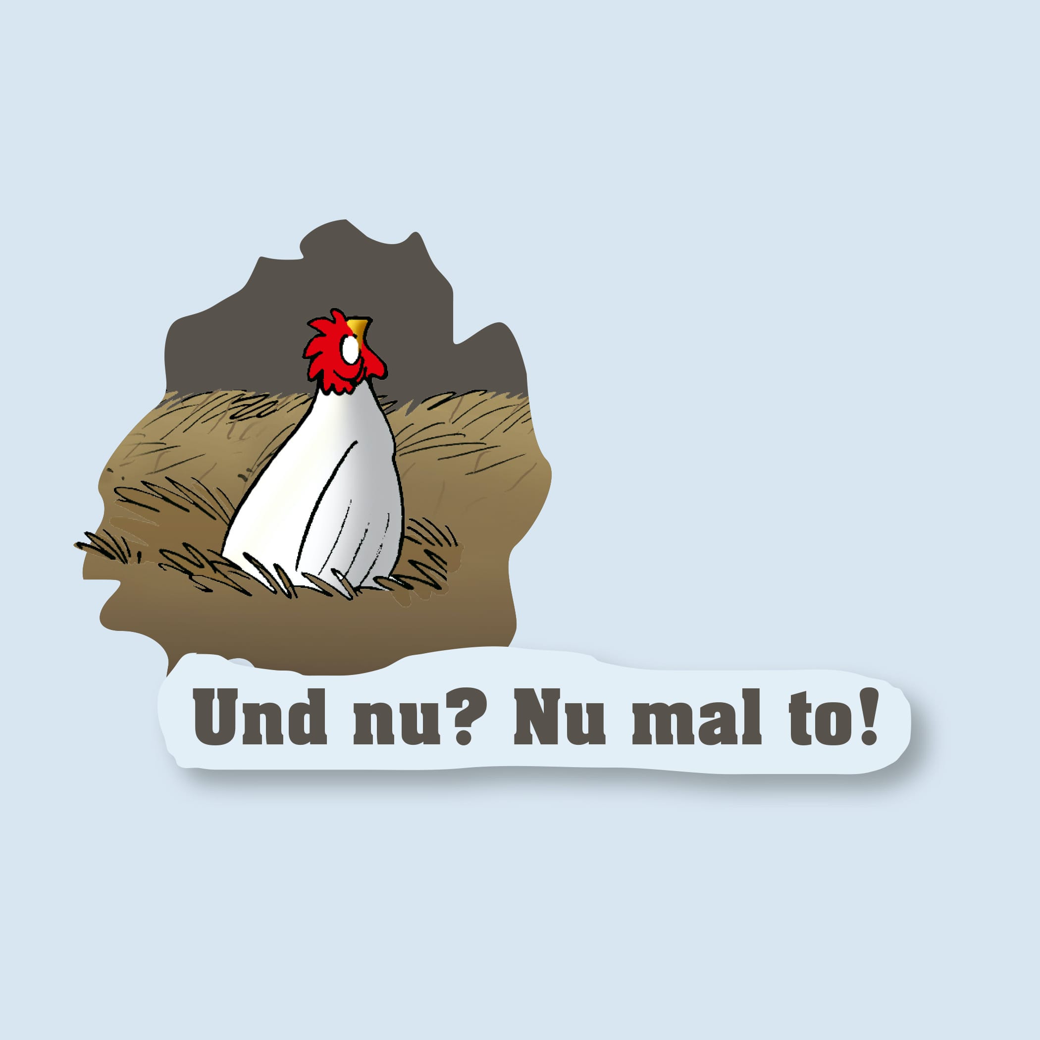 Illustration eines Huhns und Text 