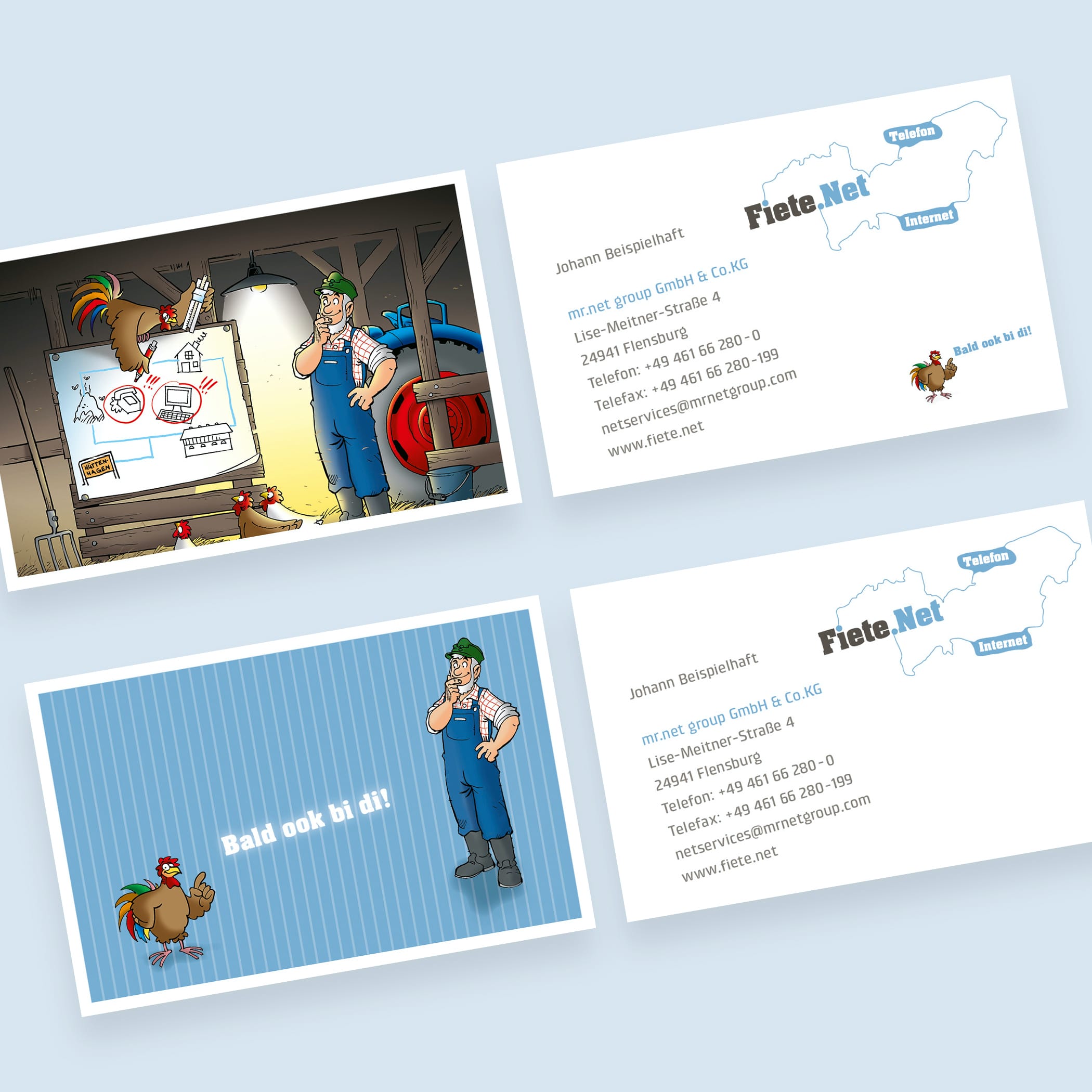 Vorder- und Rückseite zweier Visitenkarte für fiete.net