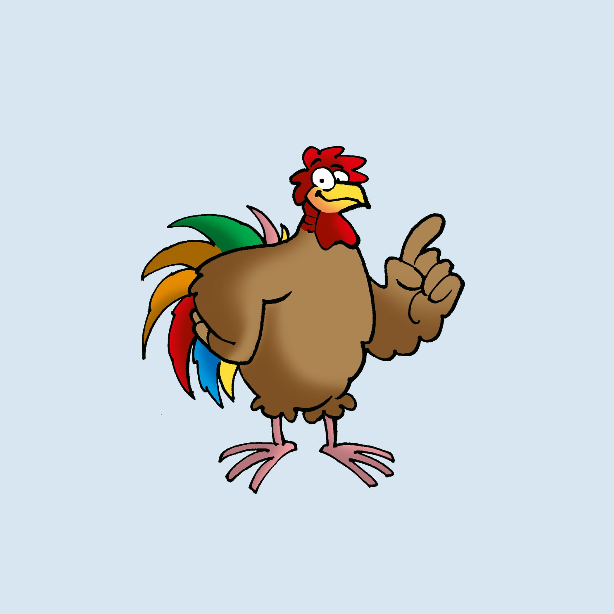 Comic-Huhn mit bunten Schwanzfedern hebt den 