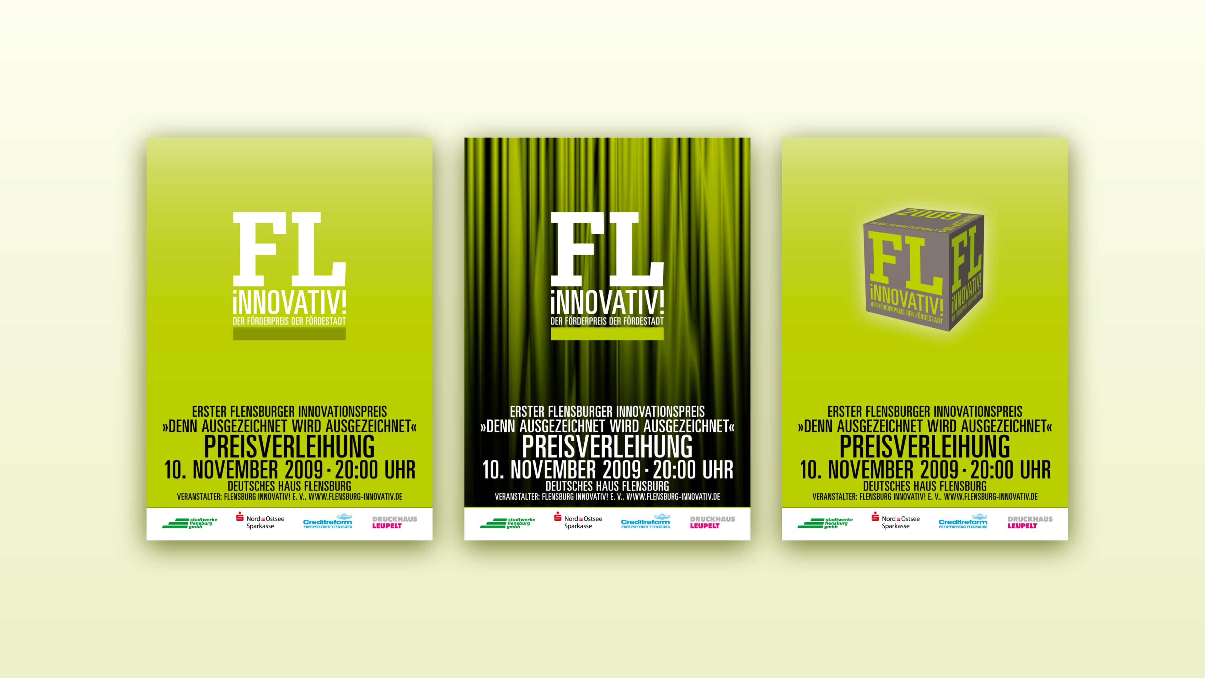 hochzwei_fli_slider_01.jpg Drei unterschiedliche grüne Plakate für "FL innovativ! Der Förderpreis der Fördestadt"