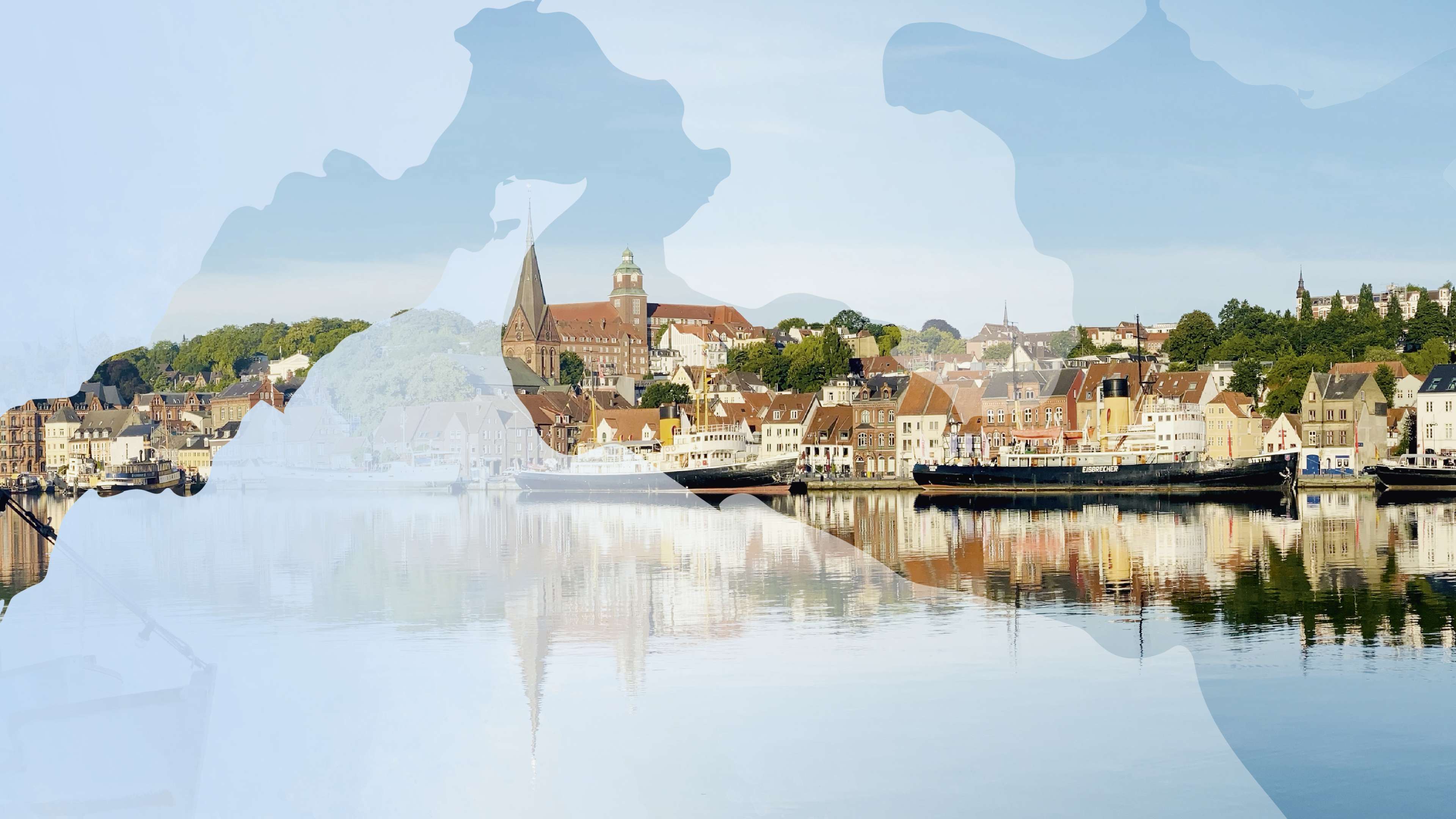 Blick auf den Flensburger Hafen mit einem Overlay einer Karte