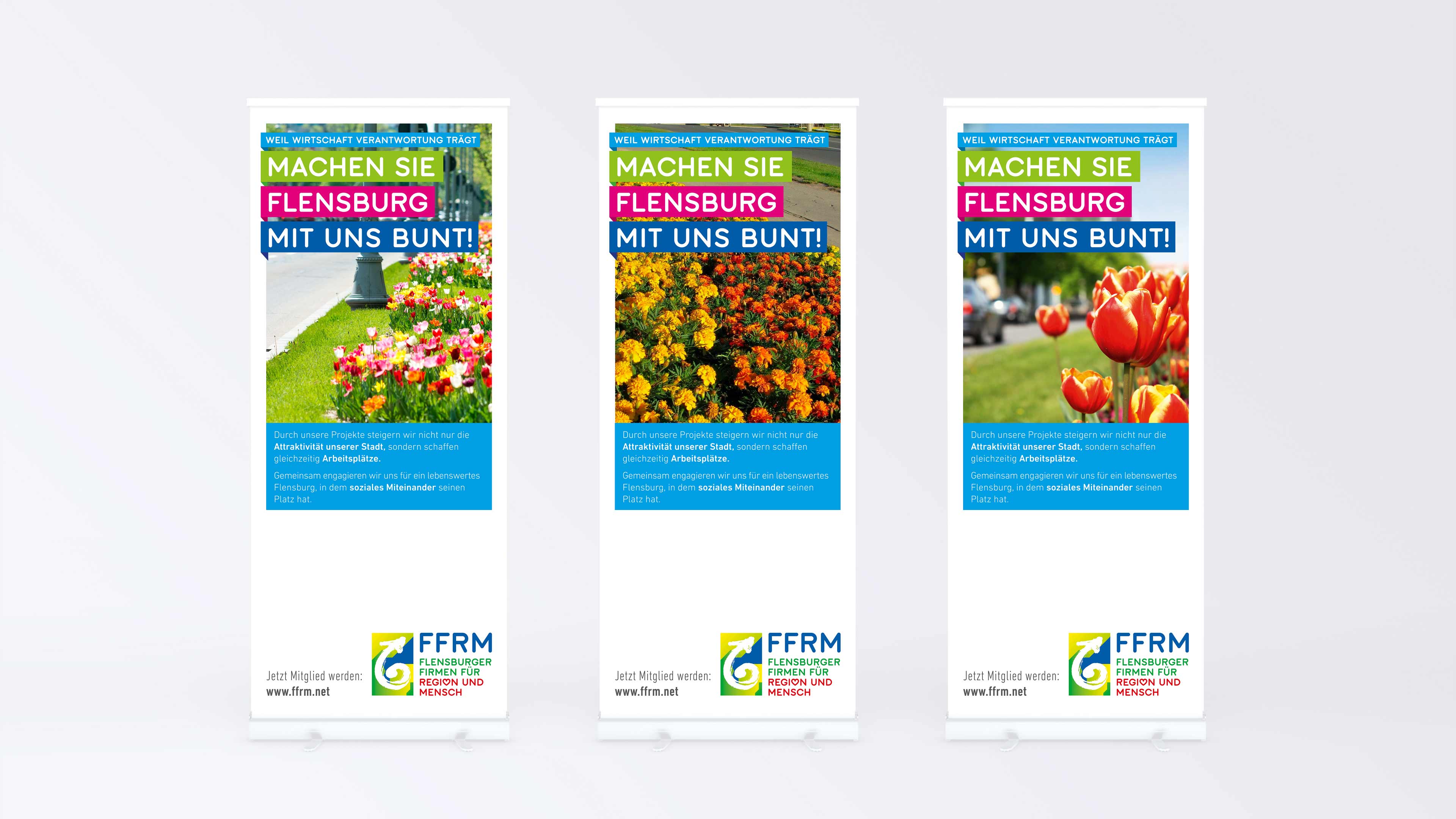 hochzwei_ffrm_slider_01.jpg Drei Banner mit Blumen und Text "Wir machen Flensburg bunt"