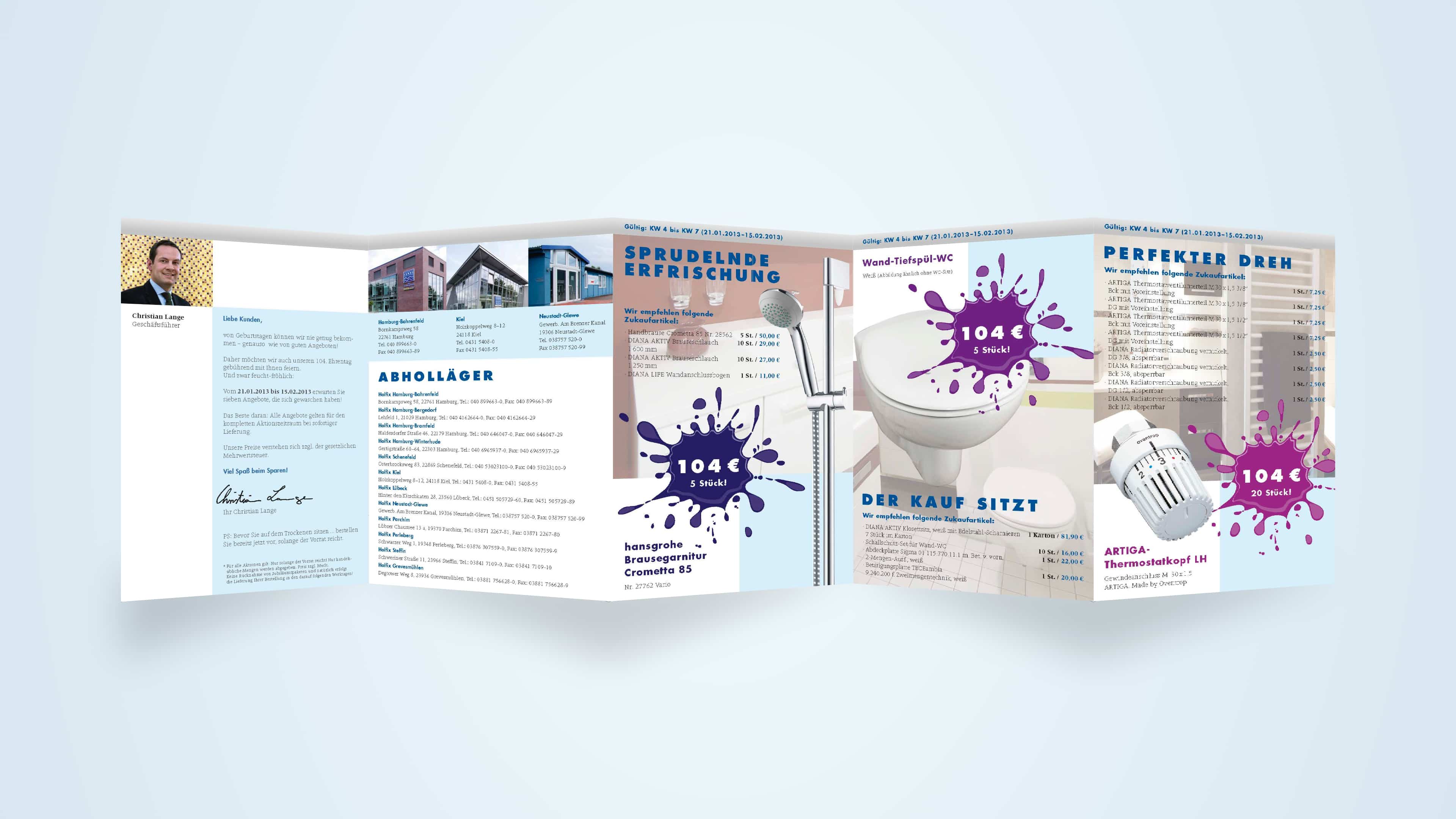 Aufgeklappter Flyer von Friedrich Lange mit Bildern