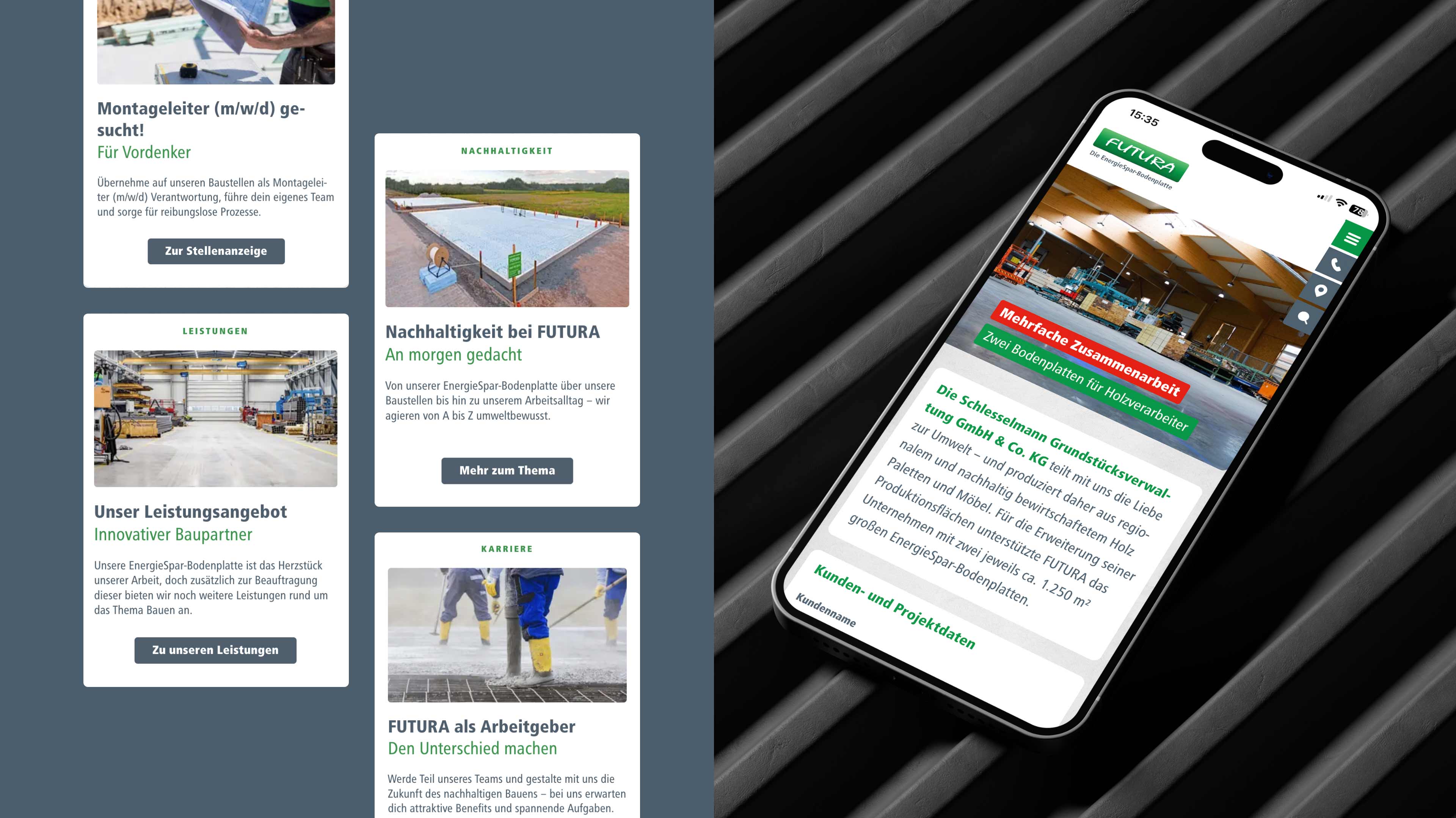 h2_futura_slider_02.jpg Mehrere Ansichten der Futura Webseite auf Smartphones