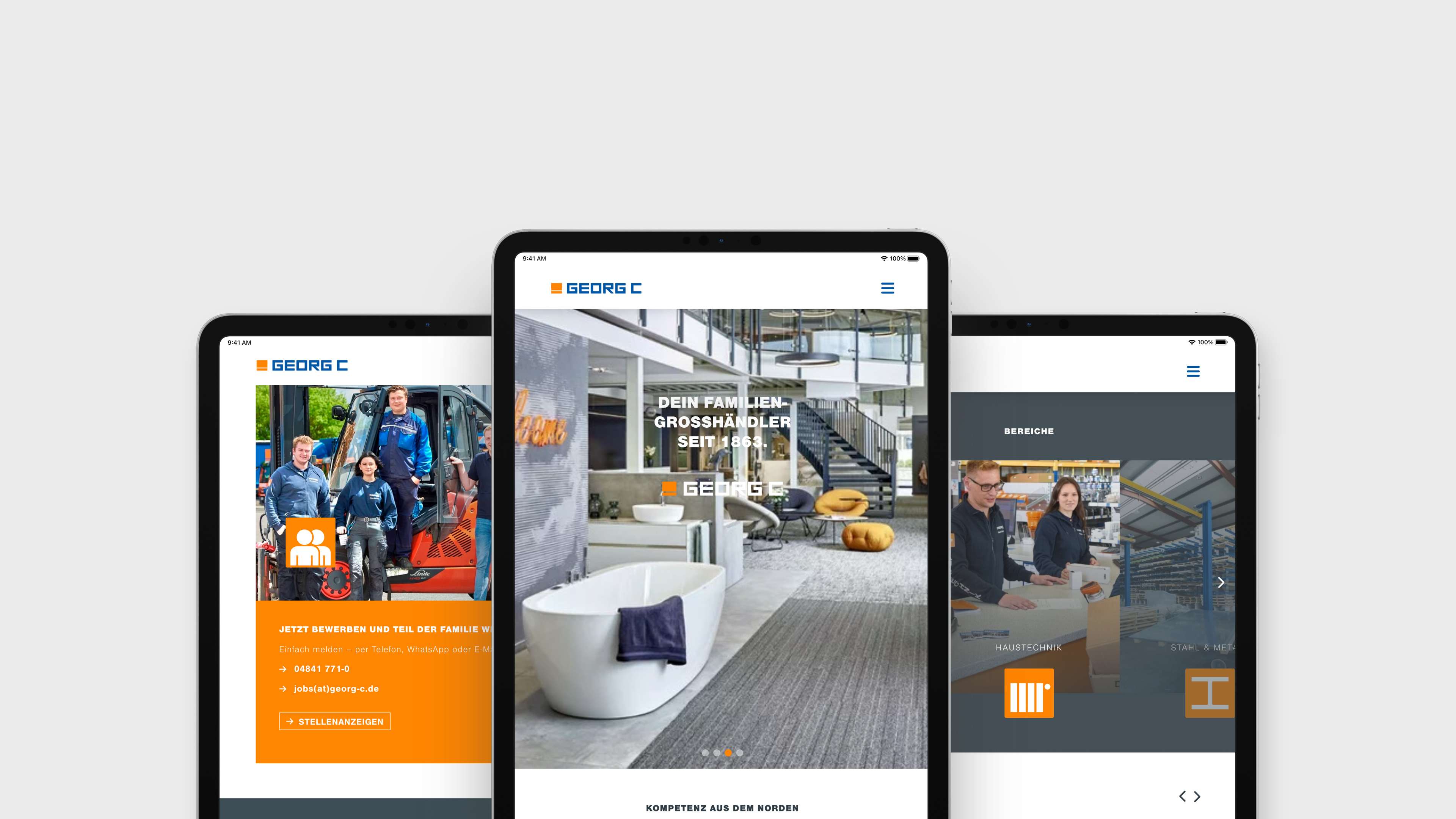 Ausschnitte der neuen Georg C Seite, dargestellt auf drei verschiedenen Tablets