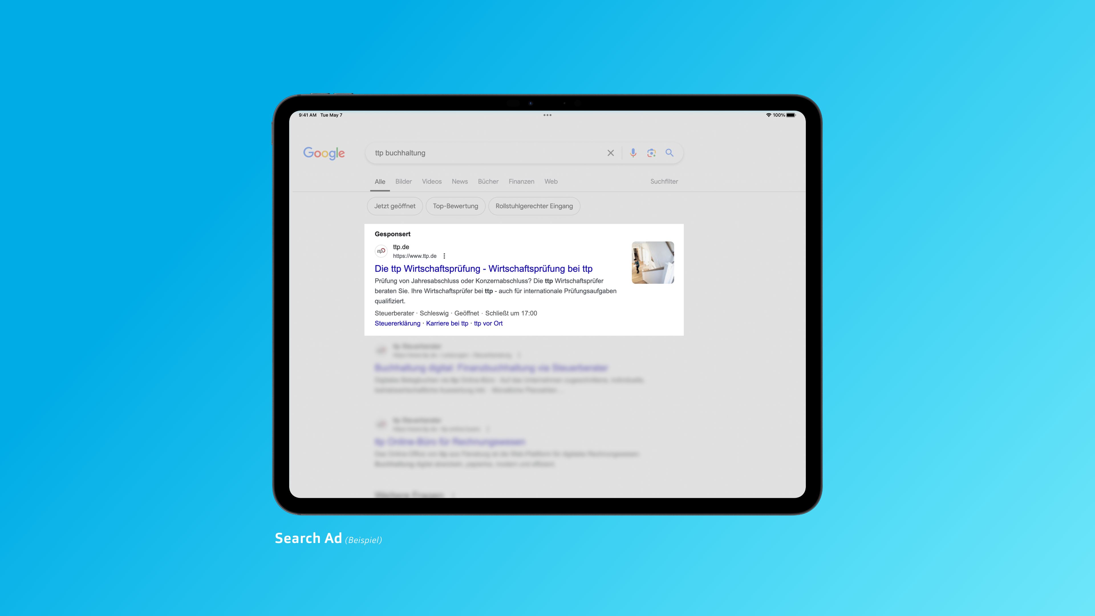 Ein Tablet mit einem gesponserten Googleergebnis