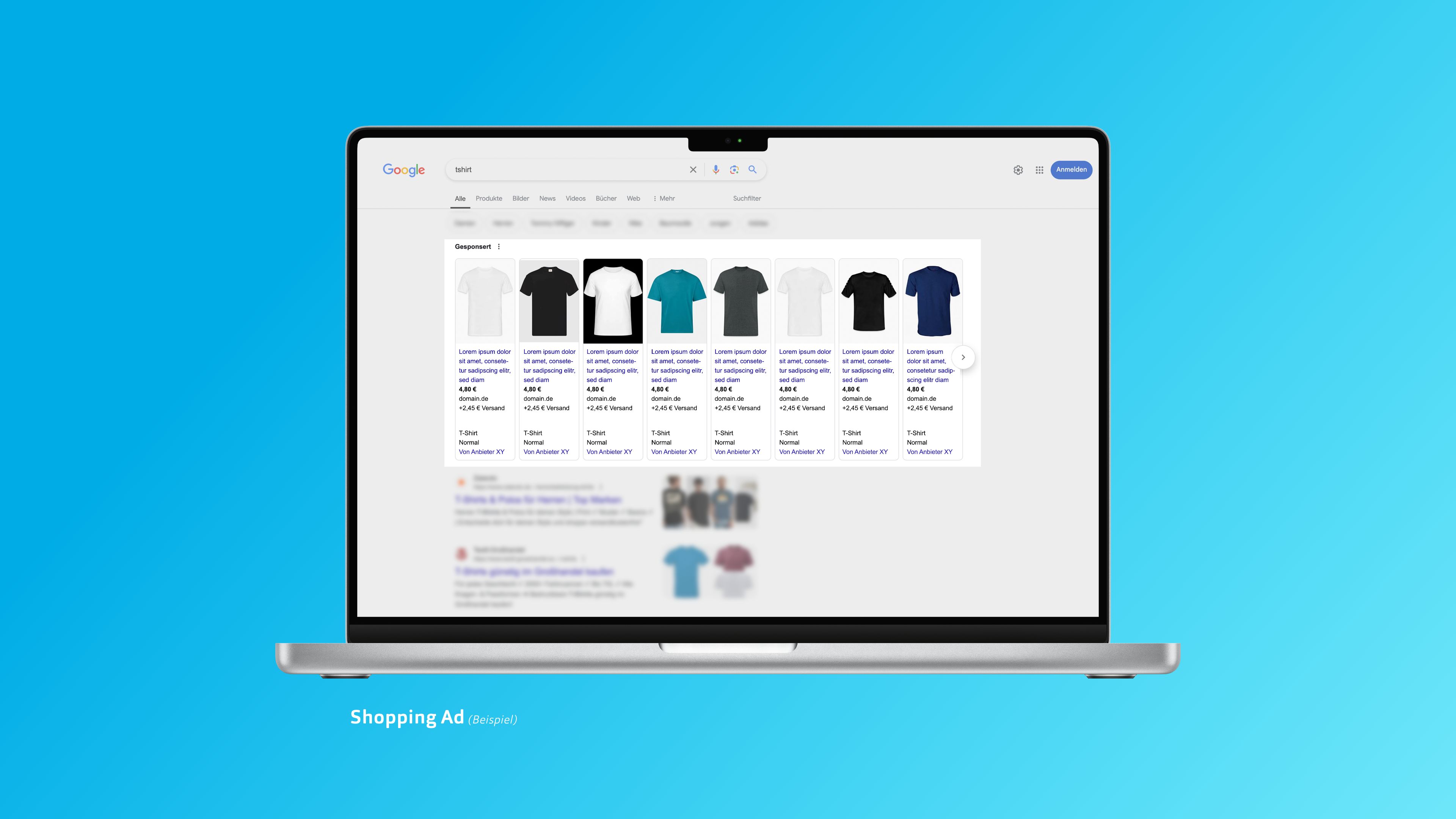 Ein Laptop mit einer Google Ads über T-Shirts