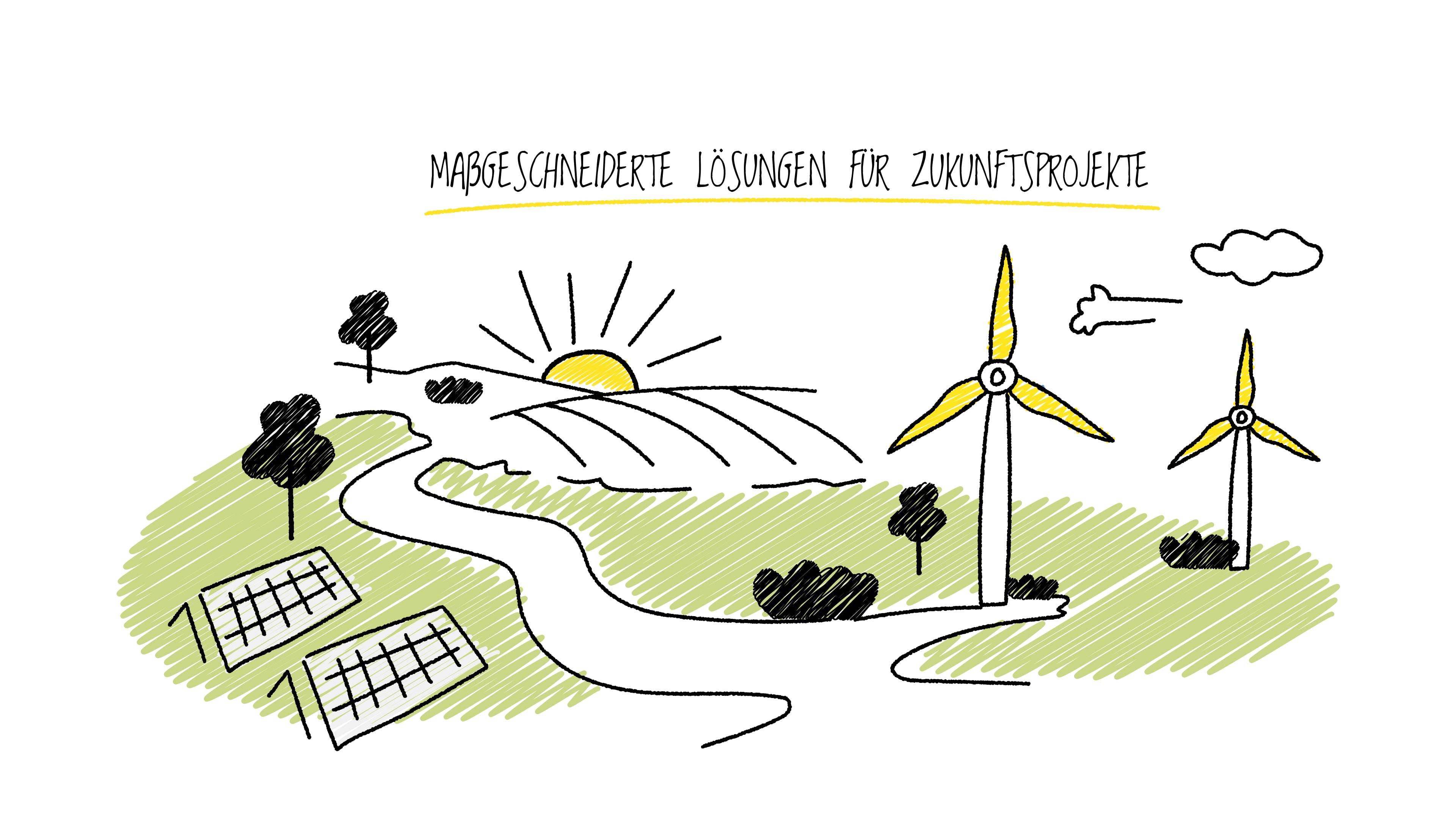 Gezeichnete Natur mit Windrädern und Solarplatten