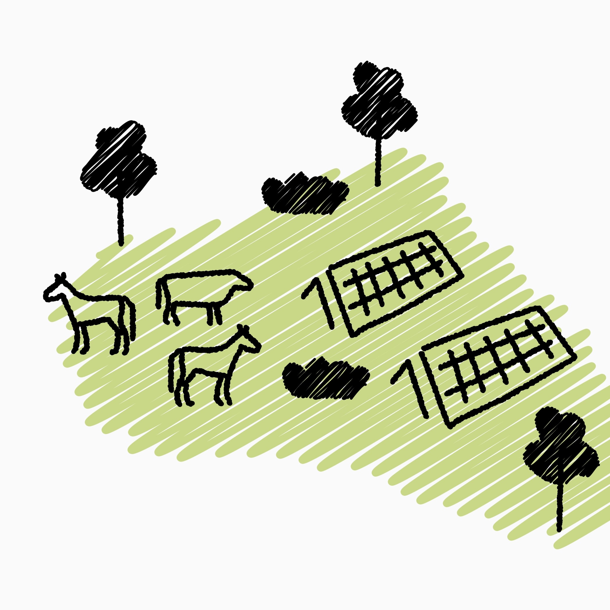 hochzwei_gpjoulewindfilm_teaser06.jpg Drei gezeichente Pferde grasen auf einer Wiese