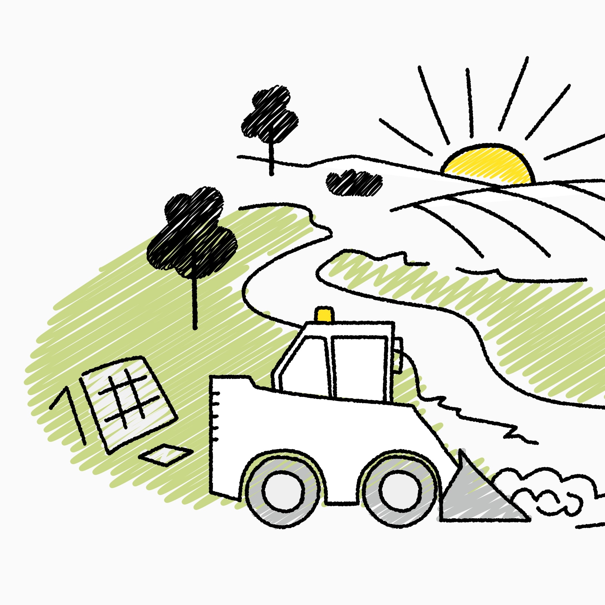 hochzwei_gpjoulewindfilm_teaser07.jpg Ein gezeichenter Bagger bei Sonnenaufgang