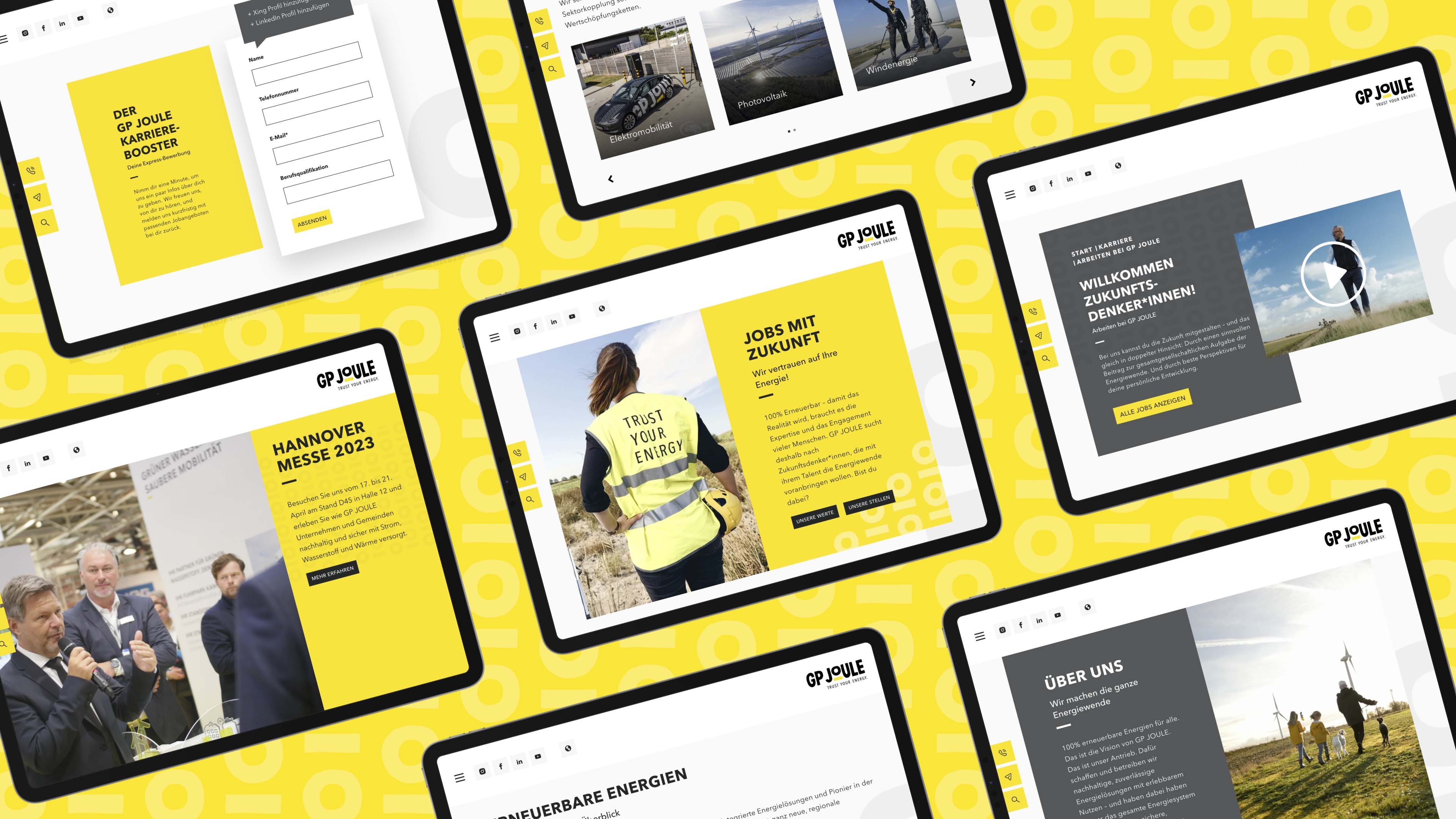 Einblicke in die neue Website auf einem gelben Hintergrund