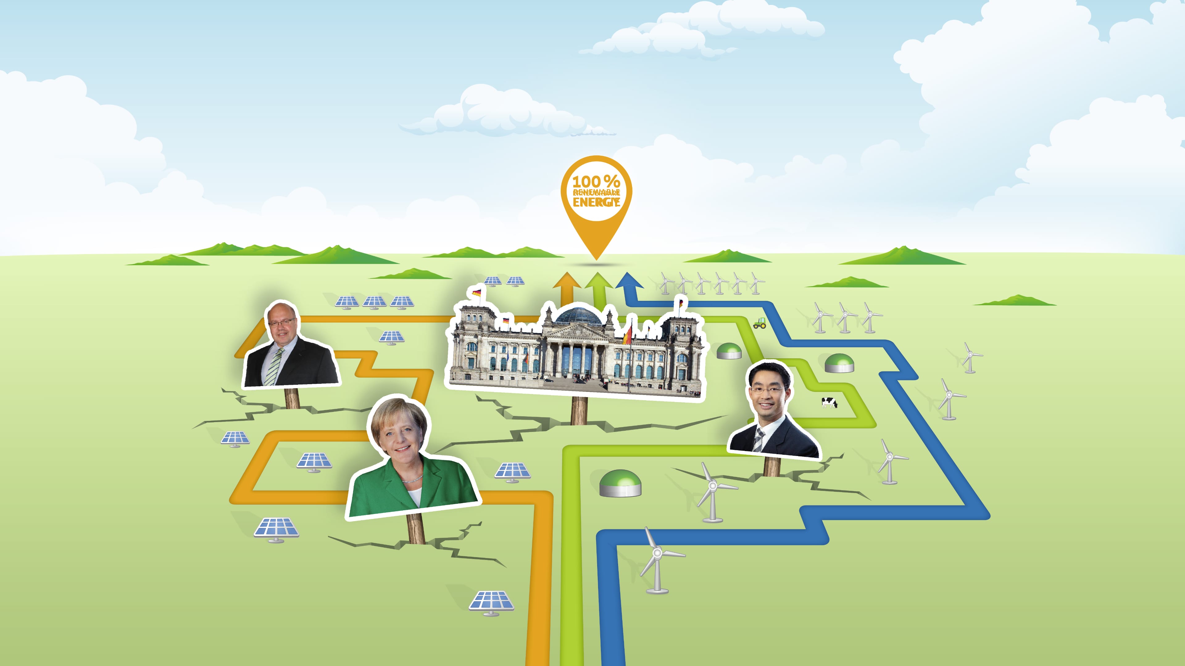 Eine illustration von drei Politikern und dem Bundestag