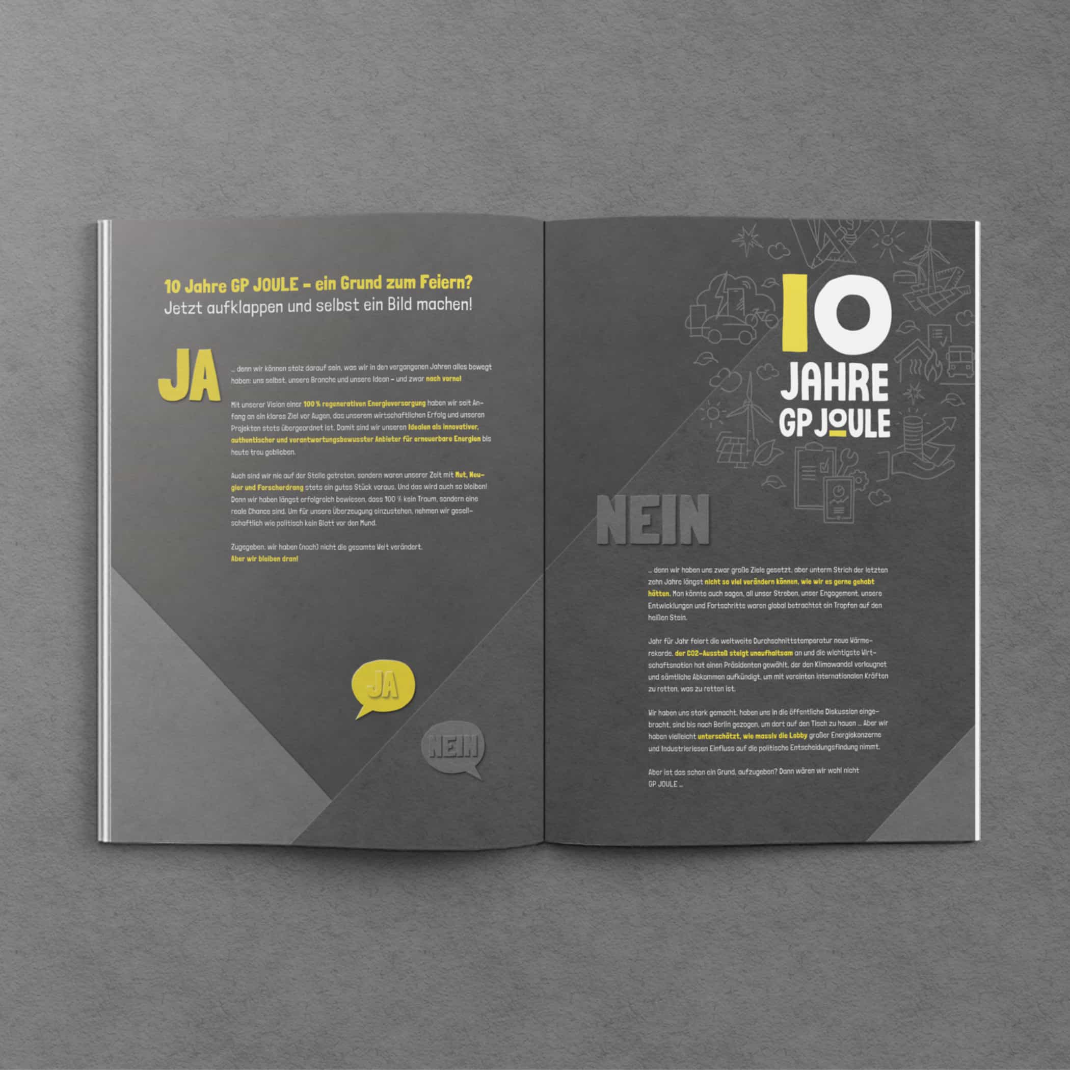 hochzwei_gpjoule_teaser_06.jpg Aufgeklapptes Heft von GP Joule mit gelber Schrift