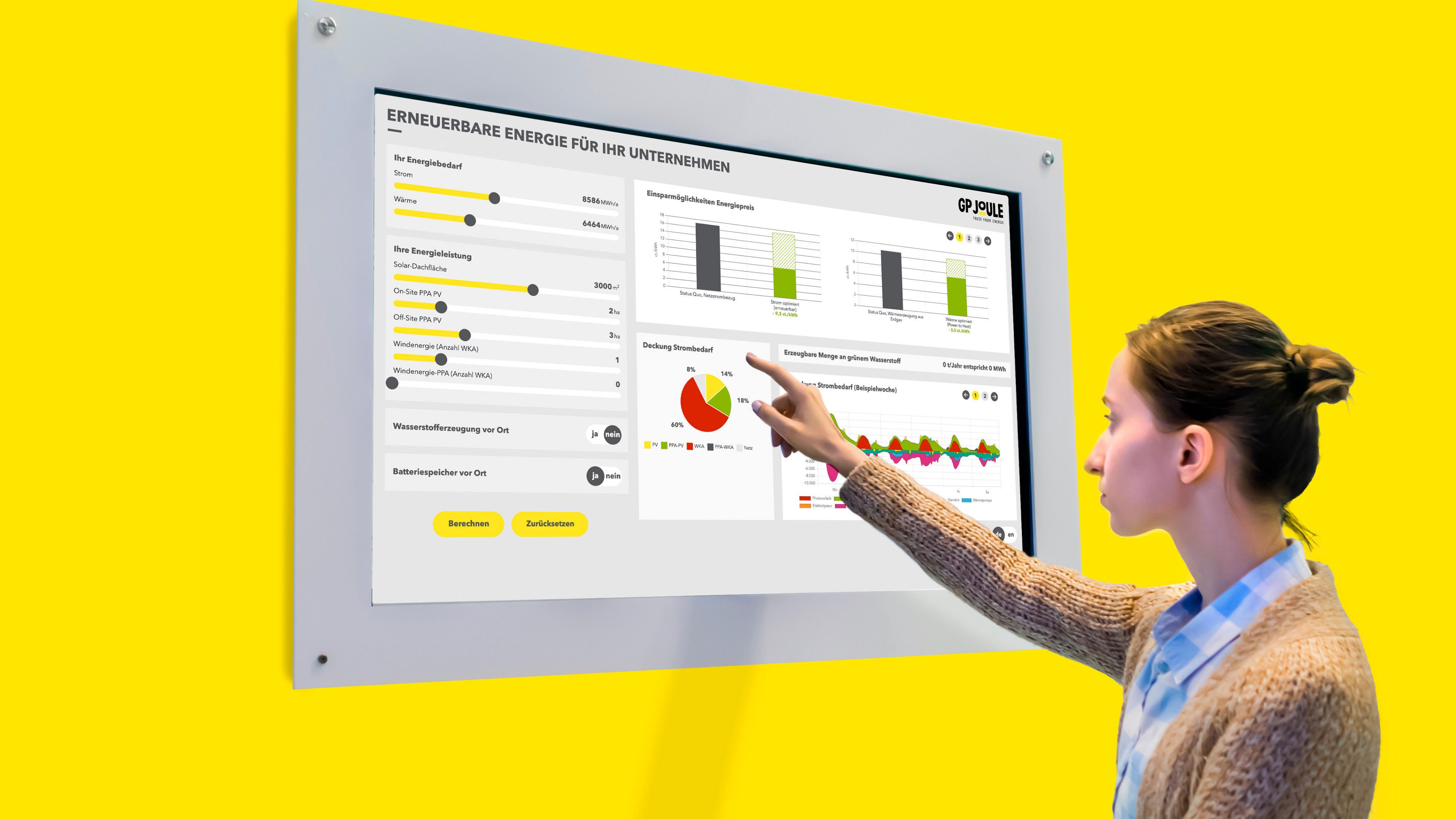 Messetool von GP Joule wird von einer Frau via Touchscreen genutzt.