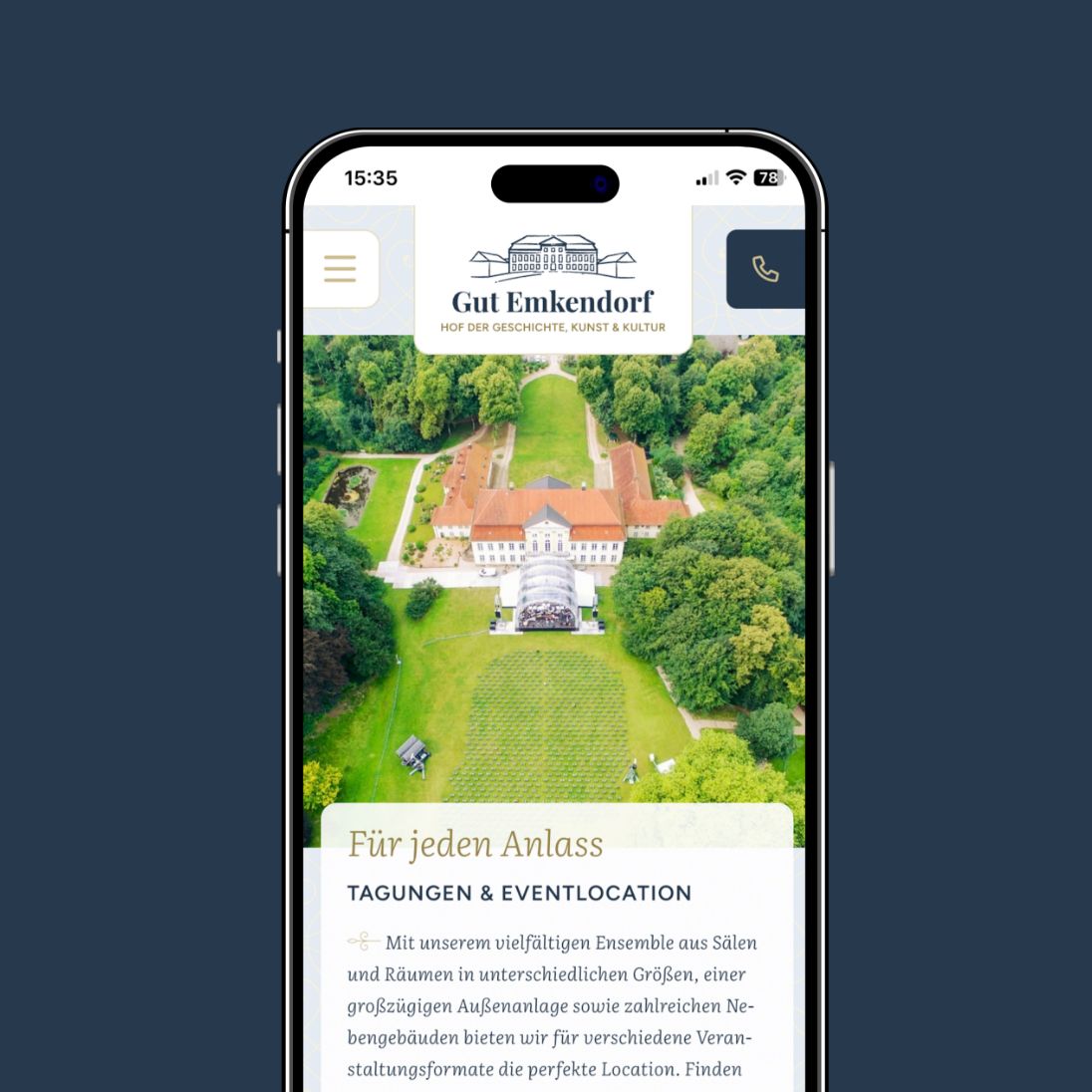 h2_gute_teaser_02.jpg Mobile Ansicht der Website für Gut Emkendorf